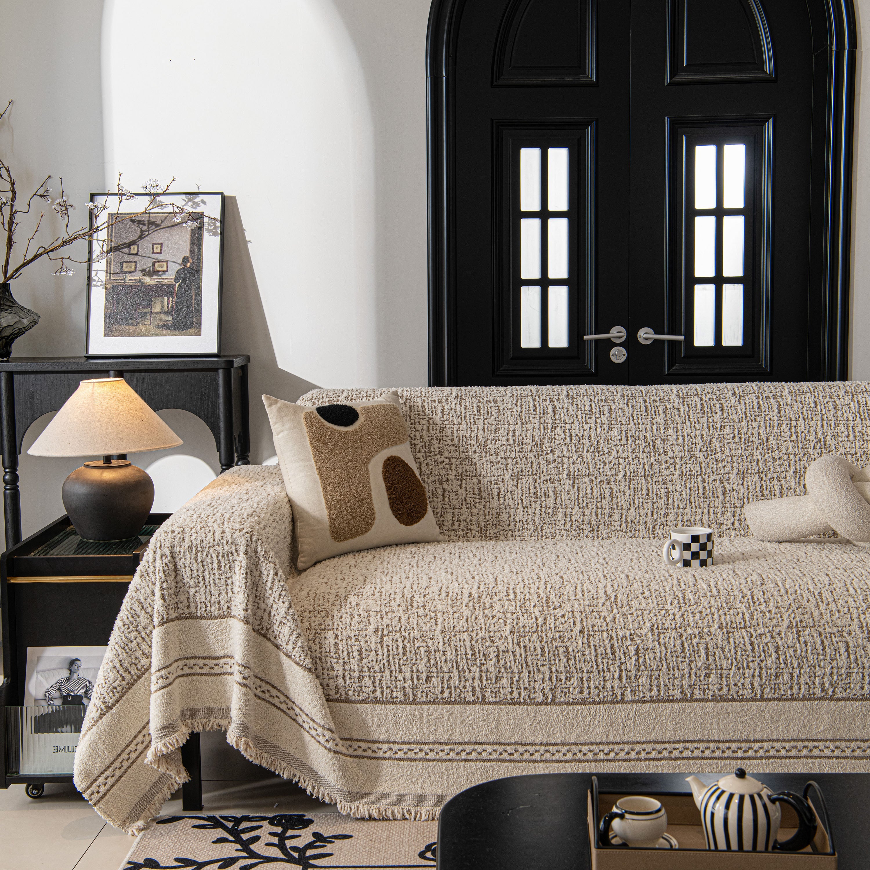 Textured Woven Furniture Protector For Couch, Rustic Farmhouse Sofa Throw Blanket