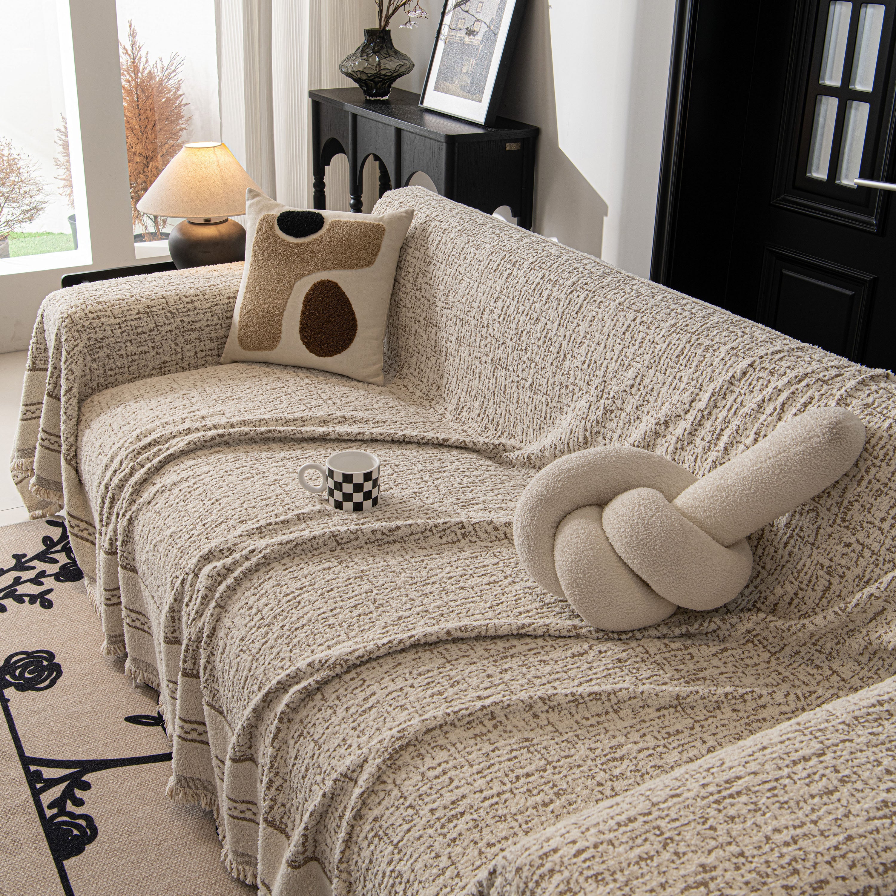 Textured Woven Furniture Protector For Couch, Rustic Farmhouse Sofa Throw Blanket