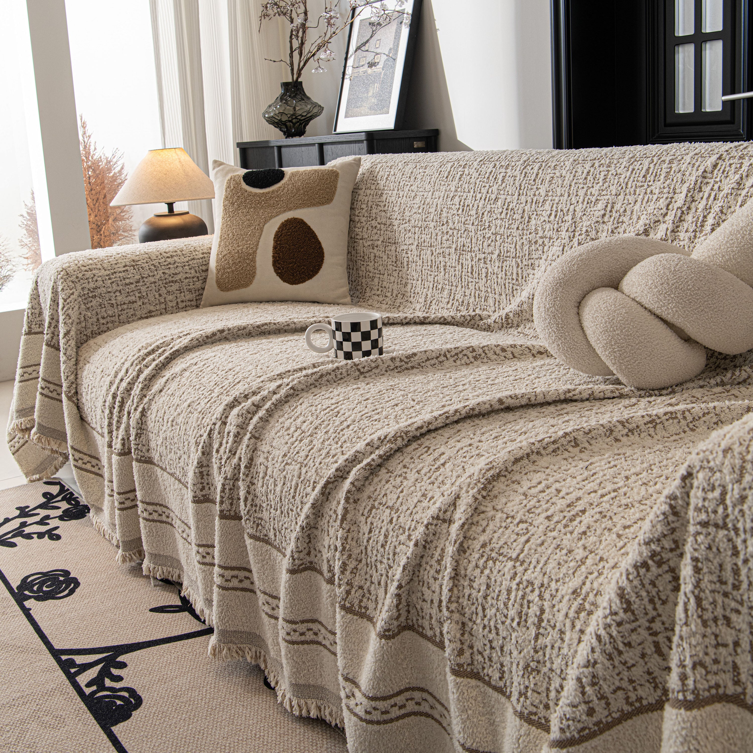 Textured Woven Furniture Protector For Couch, Rustic Farmhouse Sofa Throw Blanket