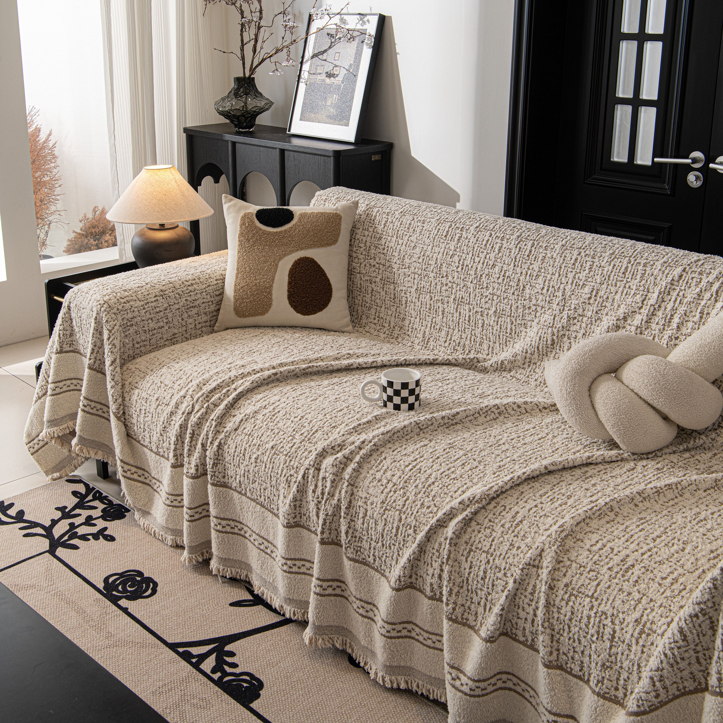 Textured Woven Furniture Protector For Couch, Rustic Farmhouse Sofa Throw Blanket