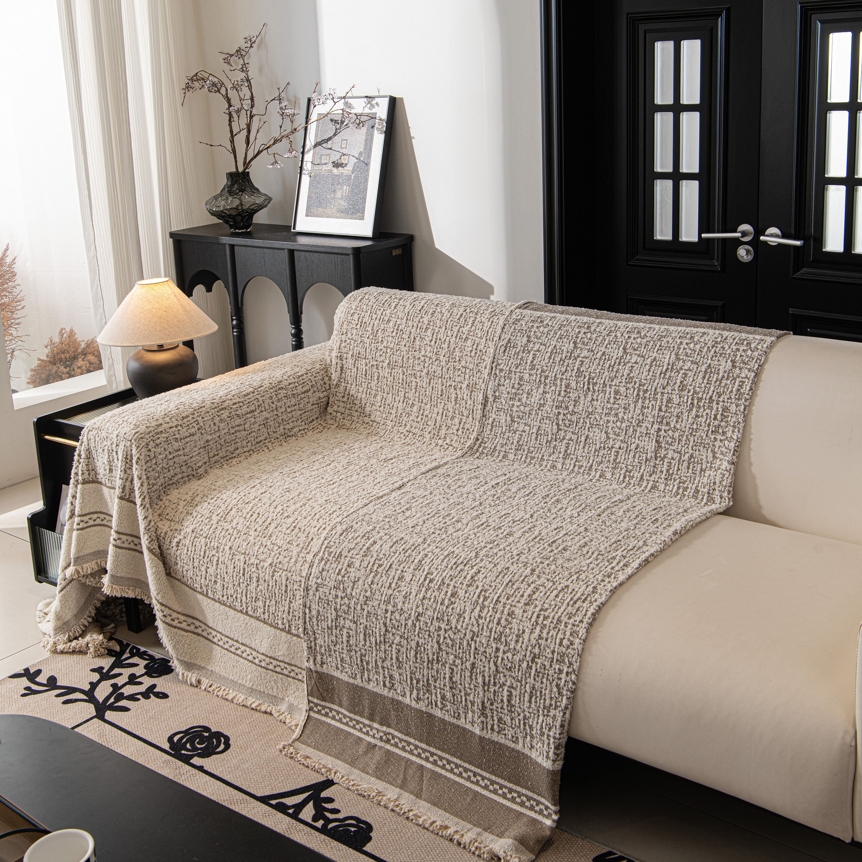 Textured Woven Furniture Protector For Couch, Rustic Farmhouse Sofa Throw Blanket