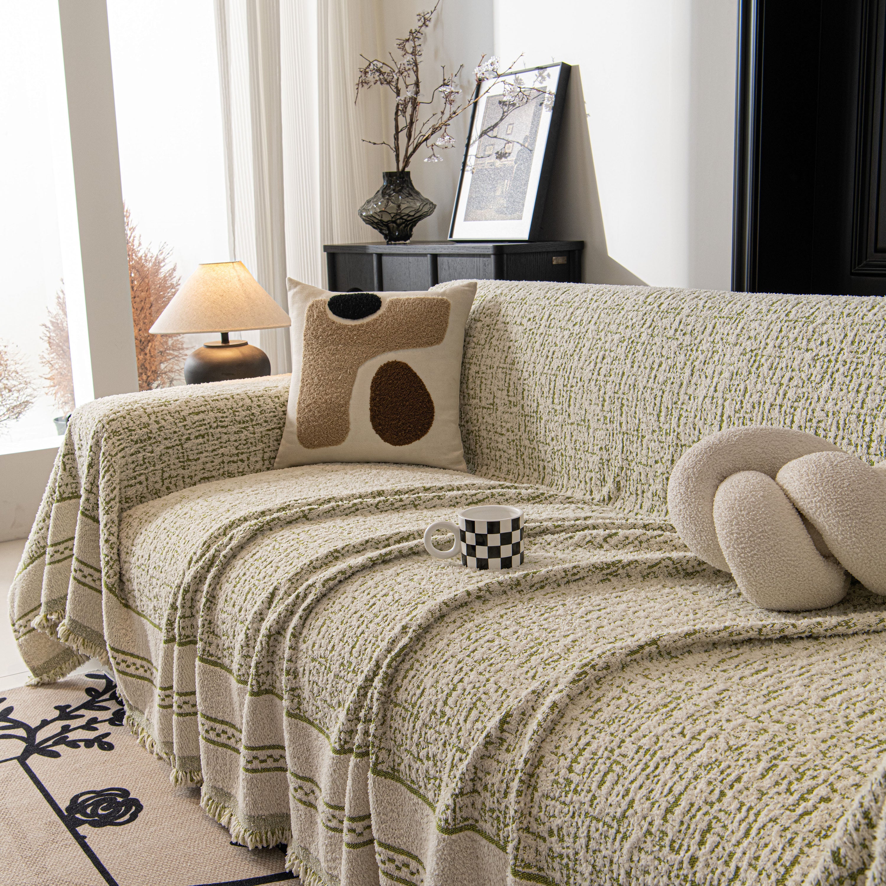 Textured Woven Furniture Protector For Couch, Rustic Farmhouse Sofa Throw Blanket