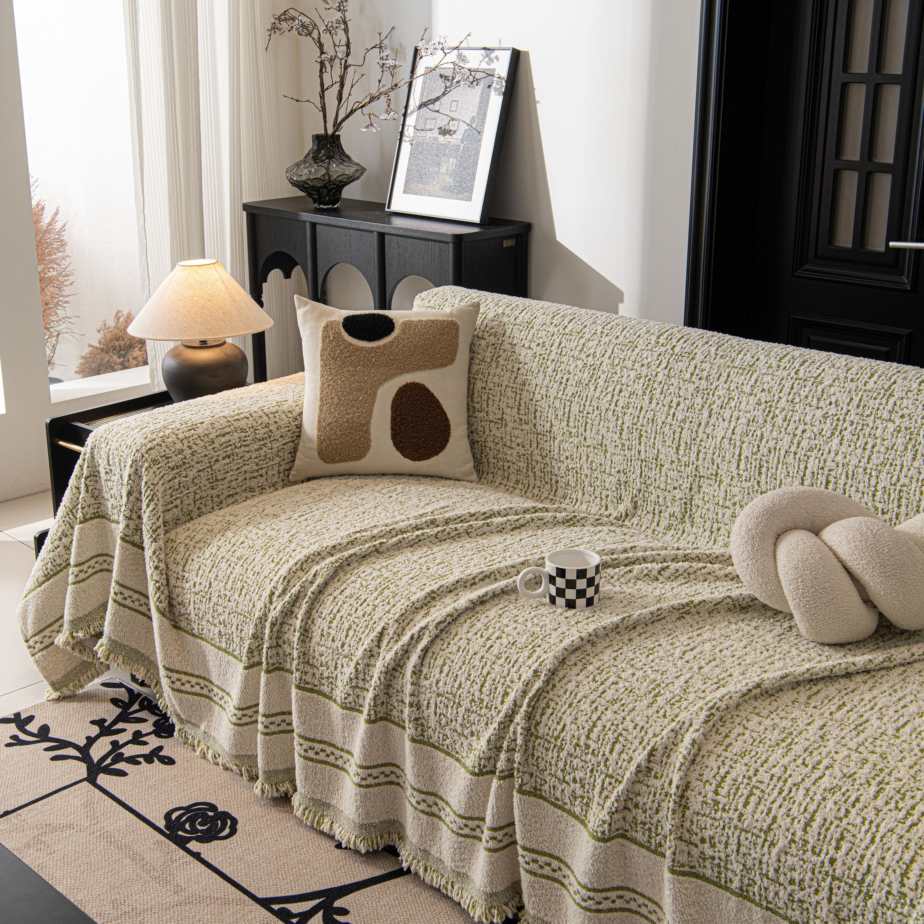 Textured Woven Furniture Protector For Couch, Rustic Farmhouse Sofa Throw Blanket