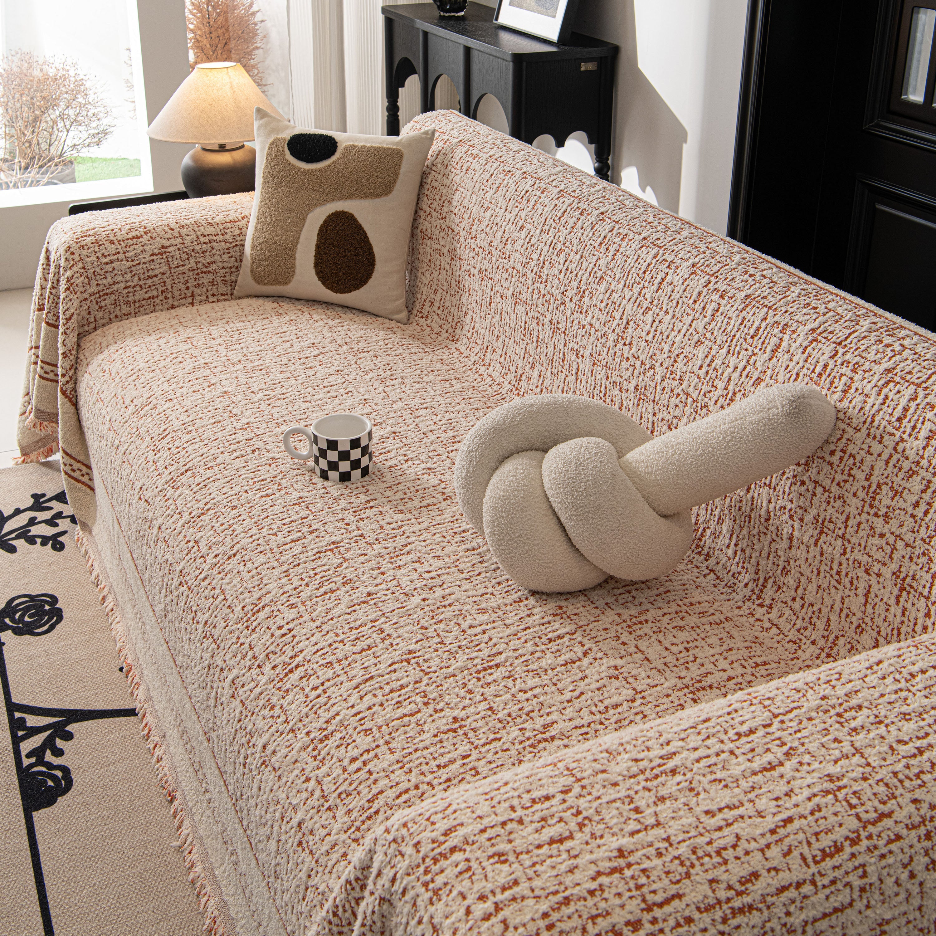Textured Woven Furniture Protector For Couch, Rustic Farmhouse Sofa Throw Blanket