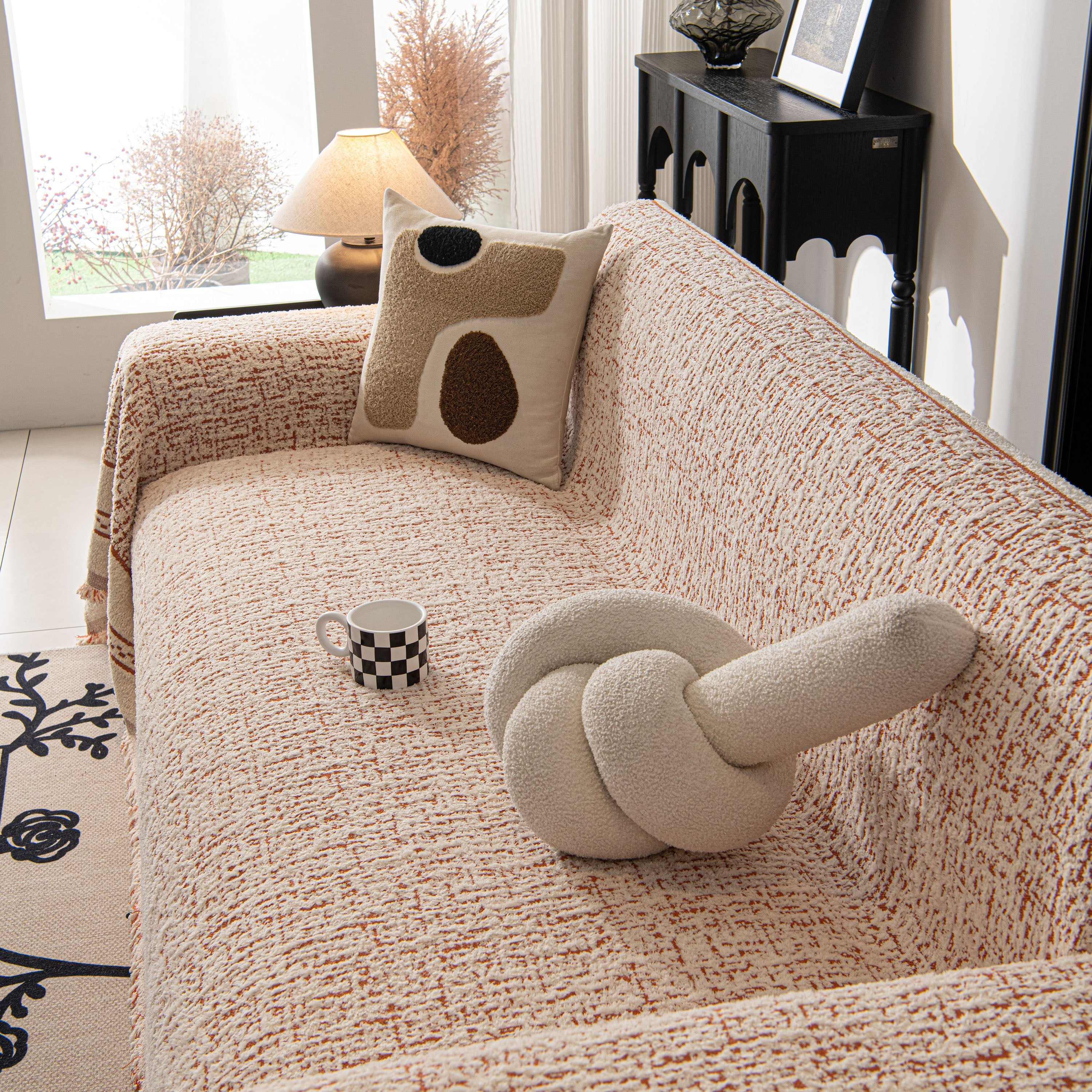 Textured Woven Furniture Protector For Couch, Rustic Farmhouse Sofa Throw Blanket