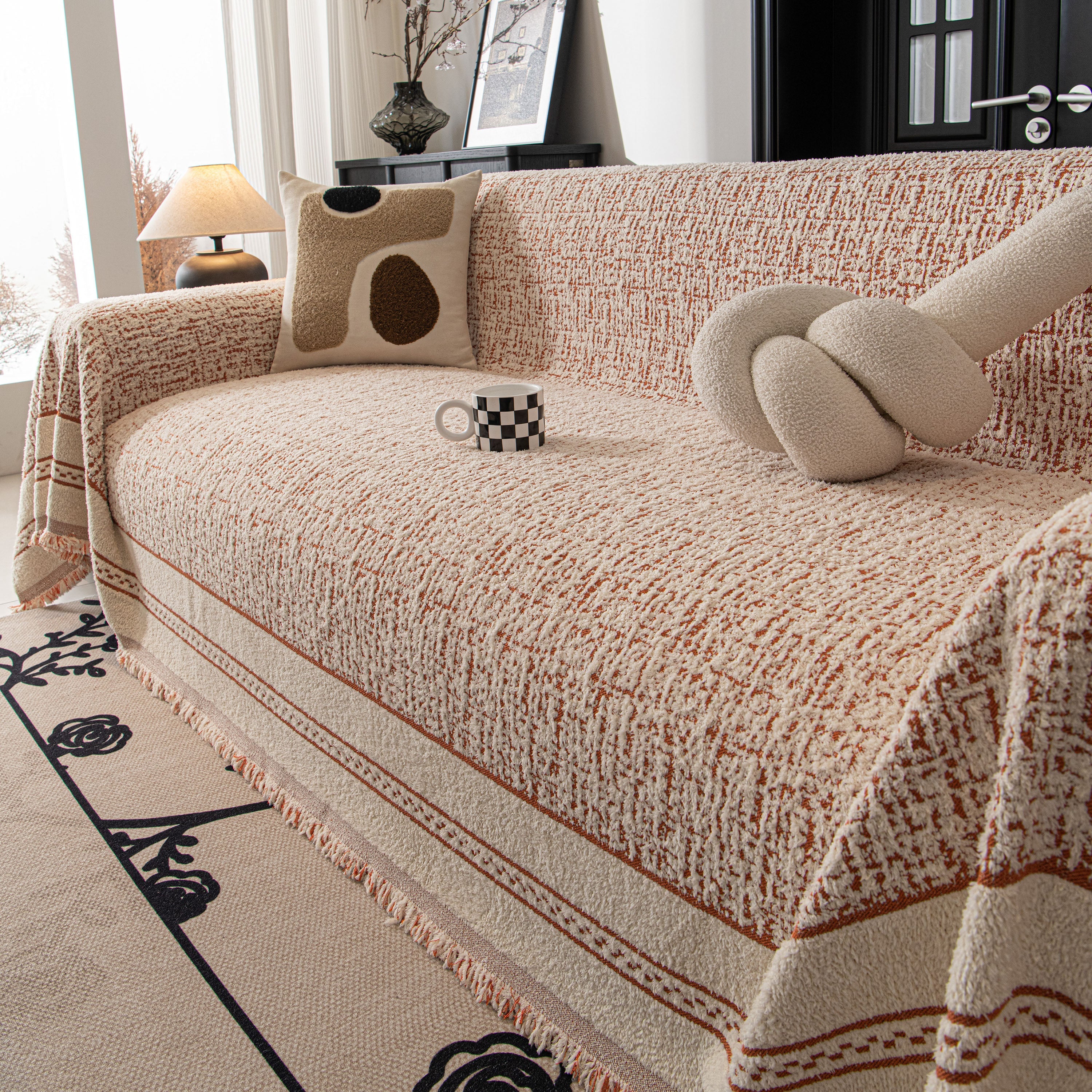 Textured Woven Furniture Protector For Couch, Rustic Farmhouse Sofa Throw Blanket