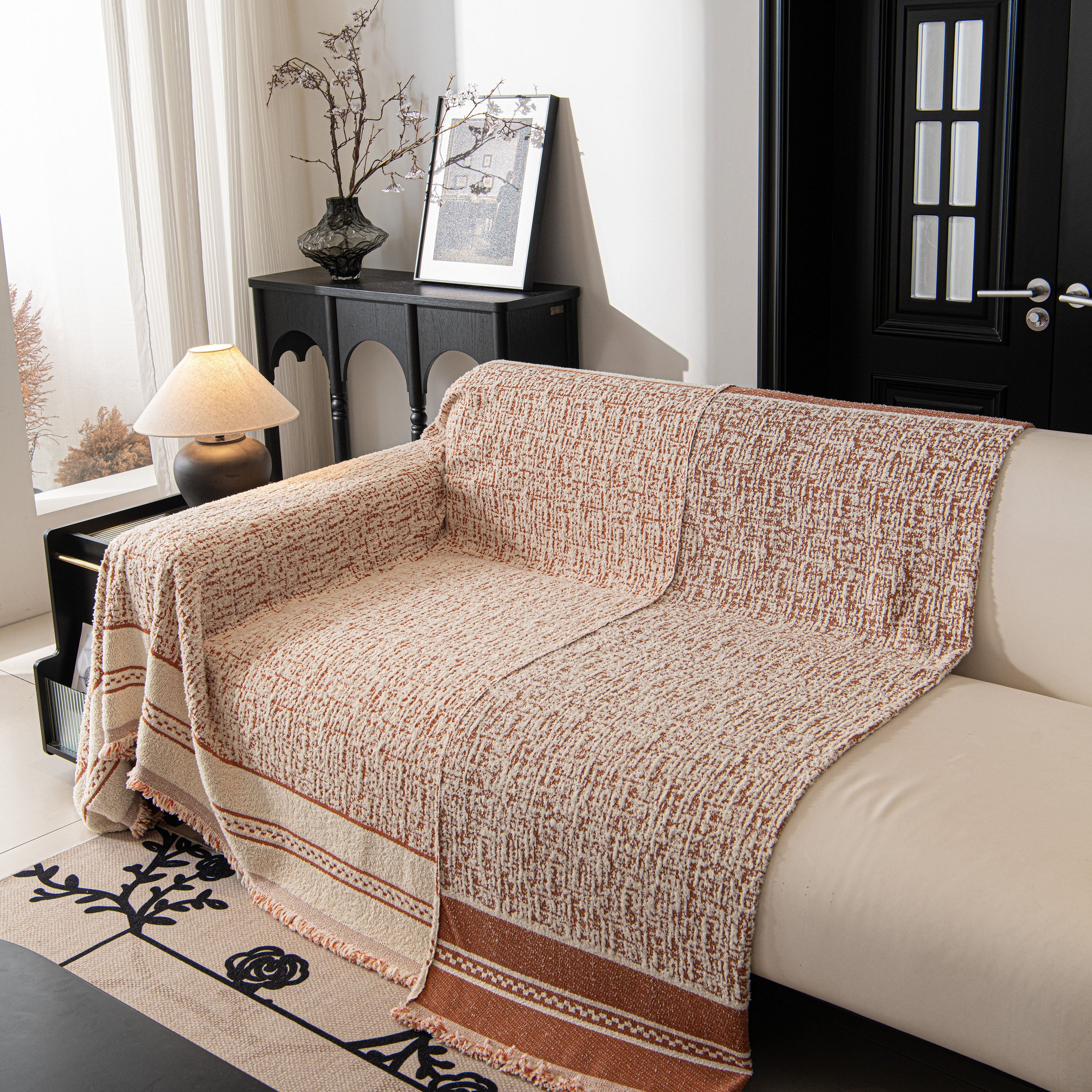 Textured Woven Furniture Protector For Couch, Rustic Farmhouse Sofa Throw Blanket