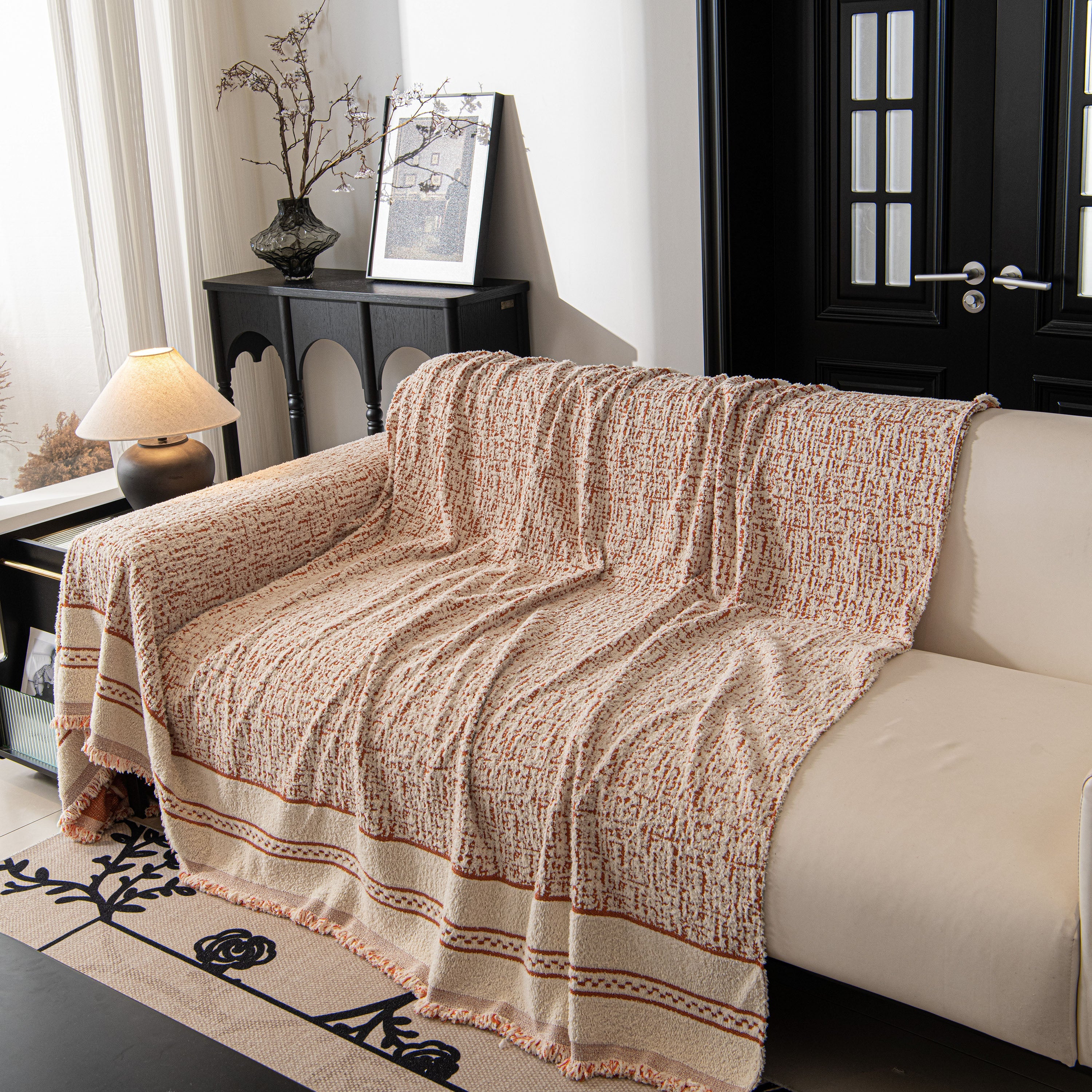 Textured Woven Furniture Protector For Couch, Rustic Farmhouse Sofa Throw Blanket