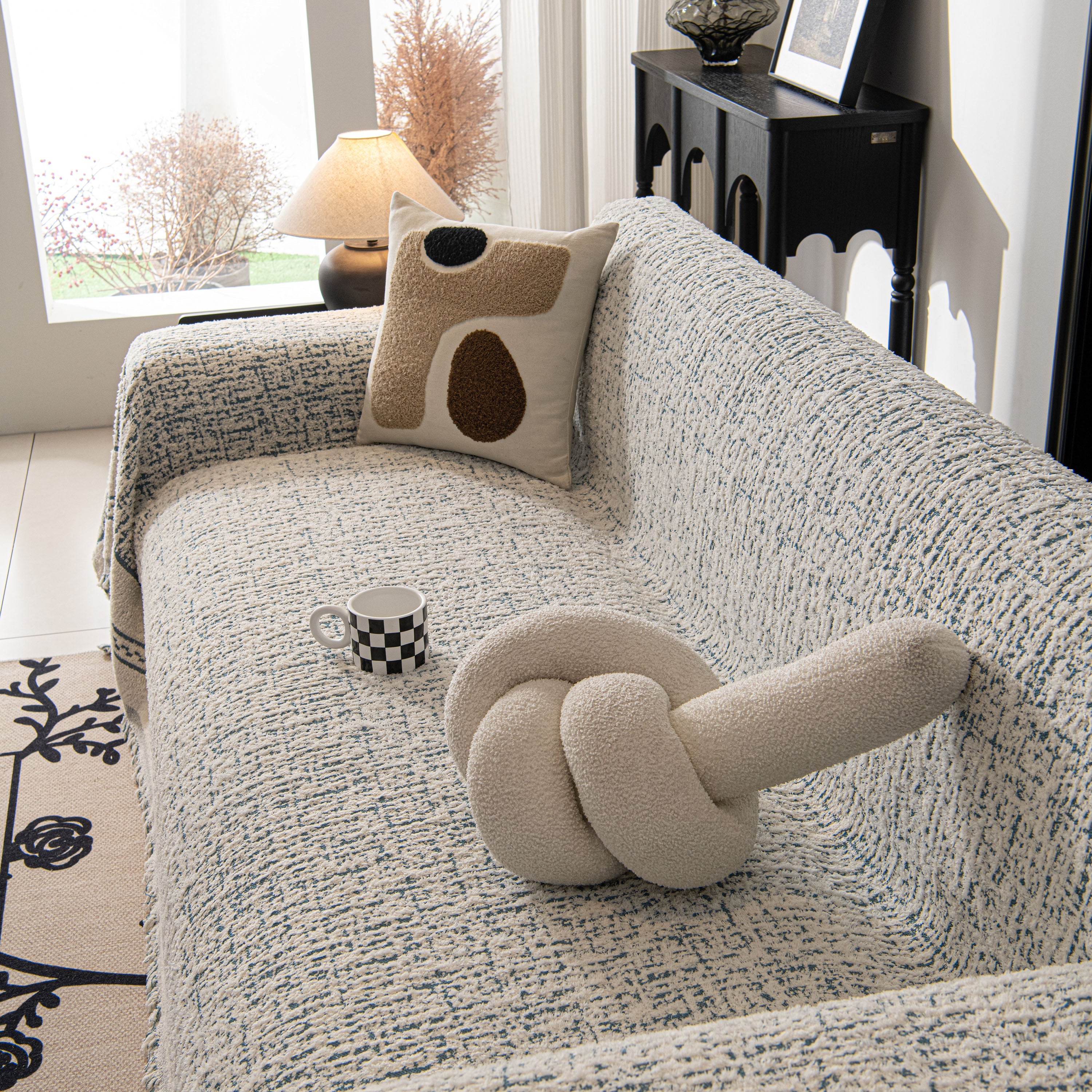 Textured Woven Furniture Protector For Couch, Rustic Farmhouse Sofa Throw Blanket