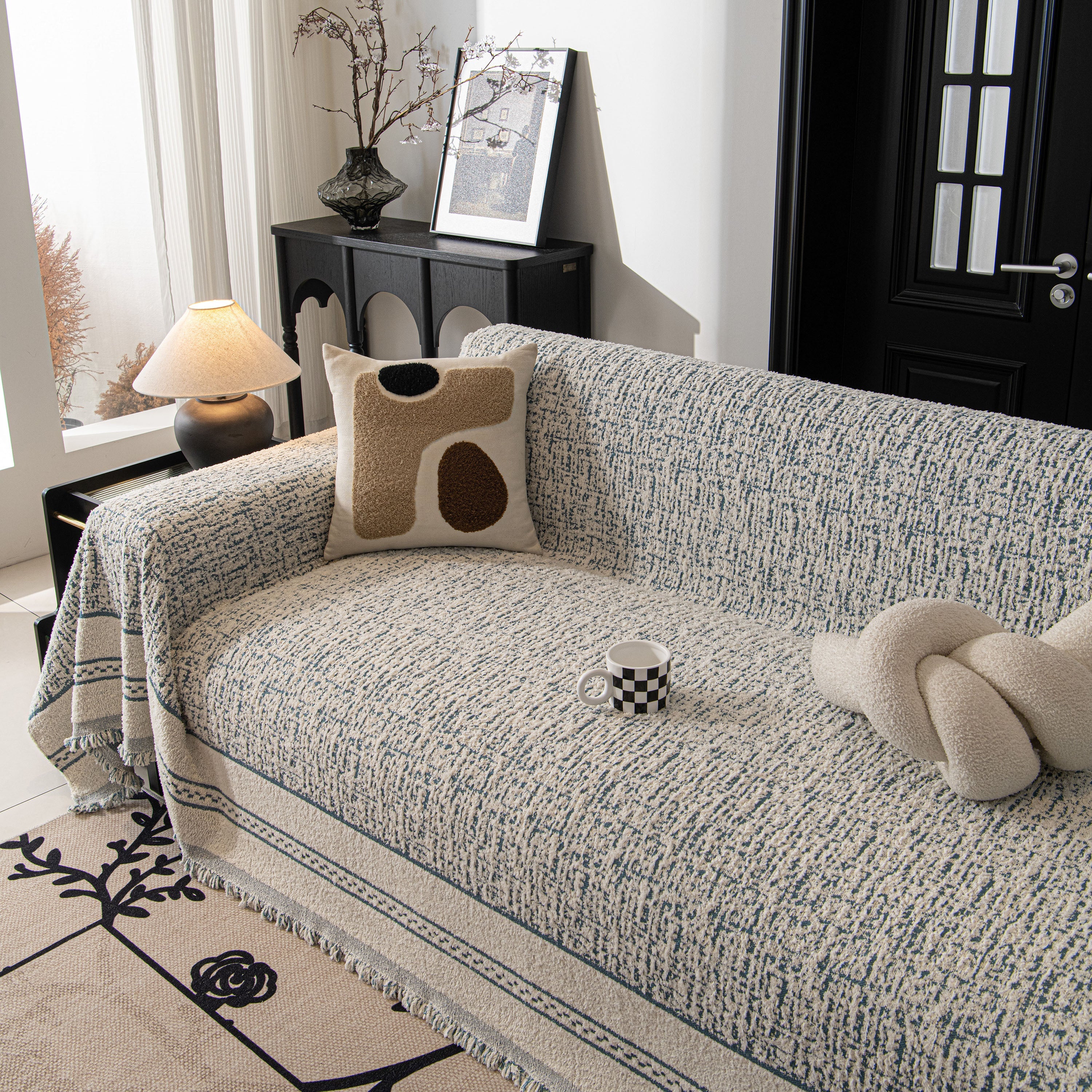 Textured Woven Furniture Protector For Couch, Rustic Farmhouse Sofa Throw Blanket