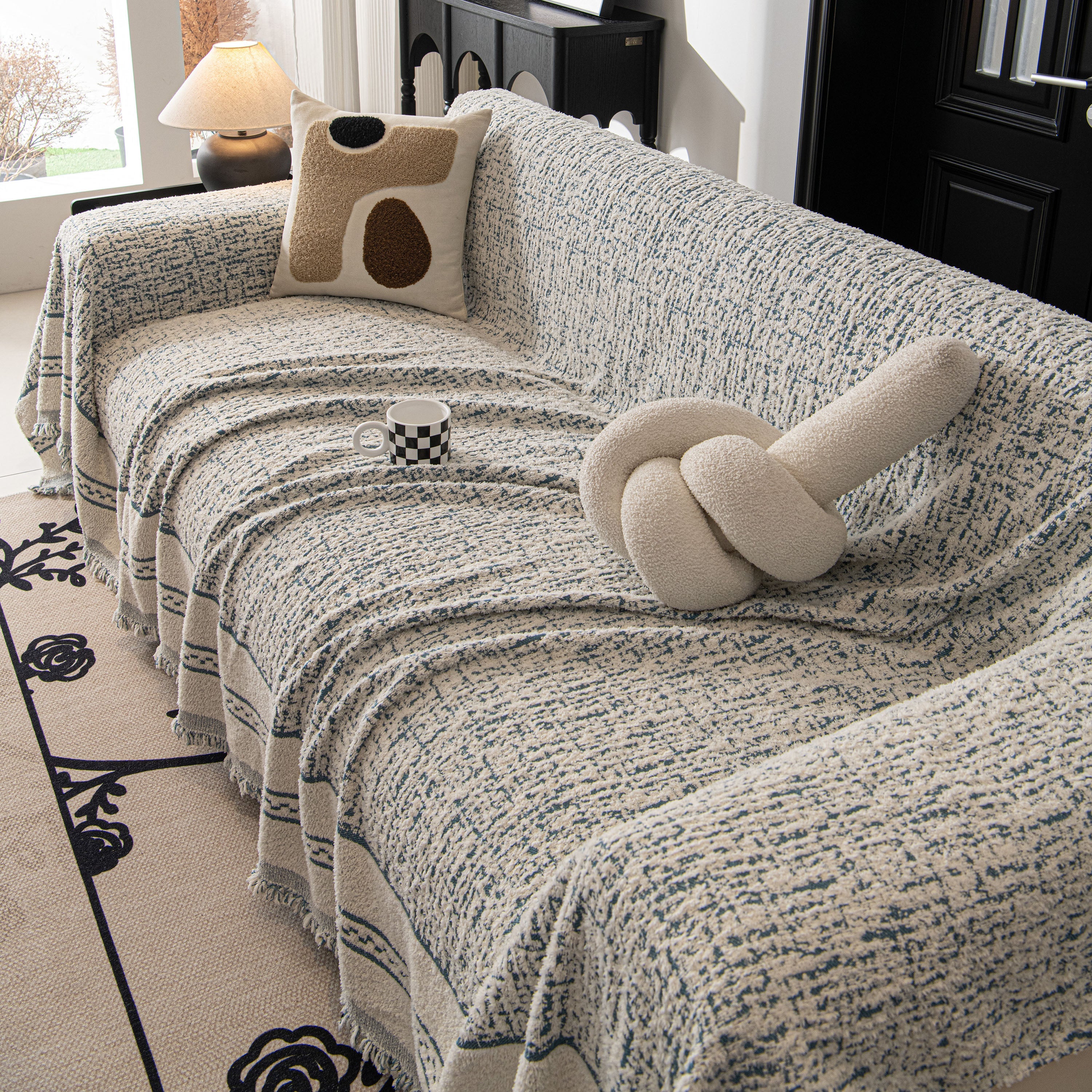 Textured Woven Furniture Protector For Couch, Rustic Farmhouse Sofa Throw Blanket