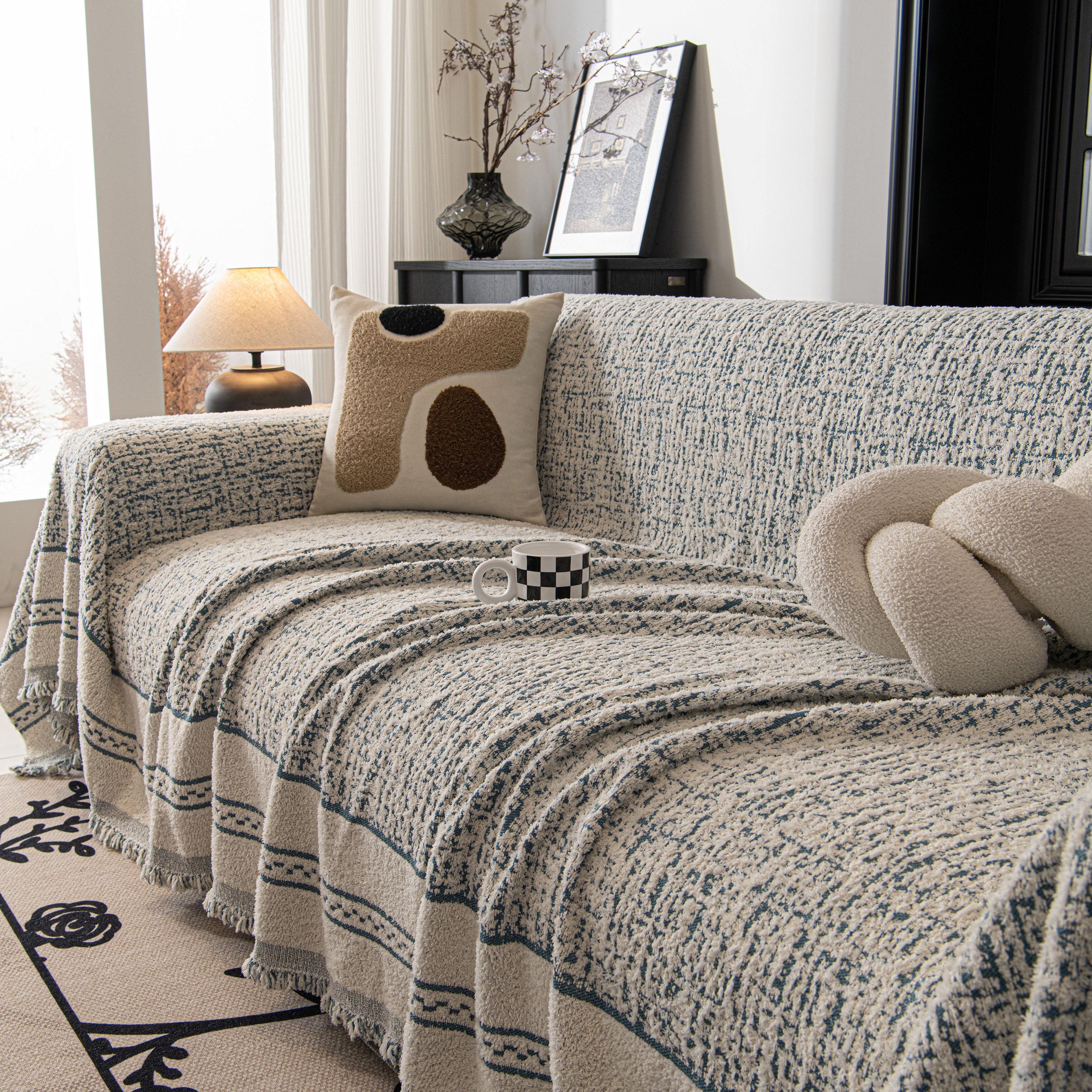 Textured Woven Furniture Protector For Couch, Rustic Farmhouse Sofa Throw Blanket