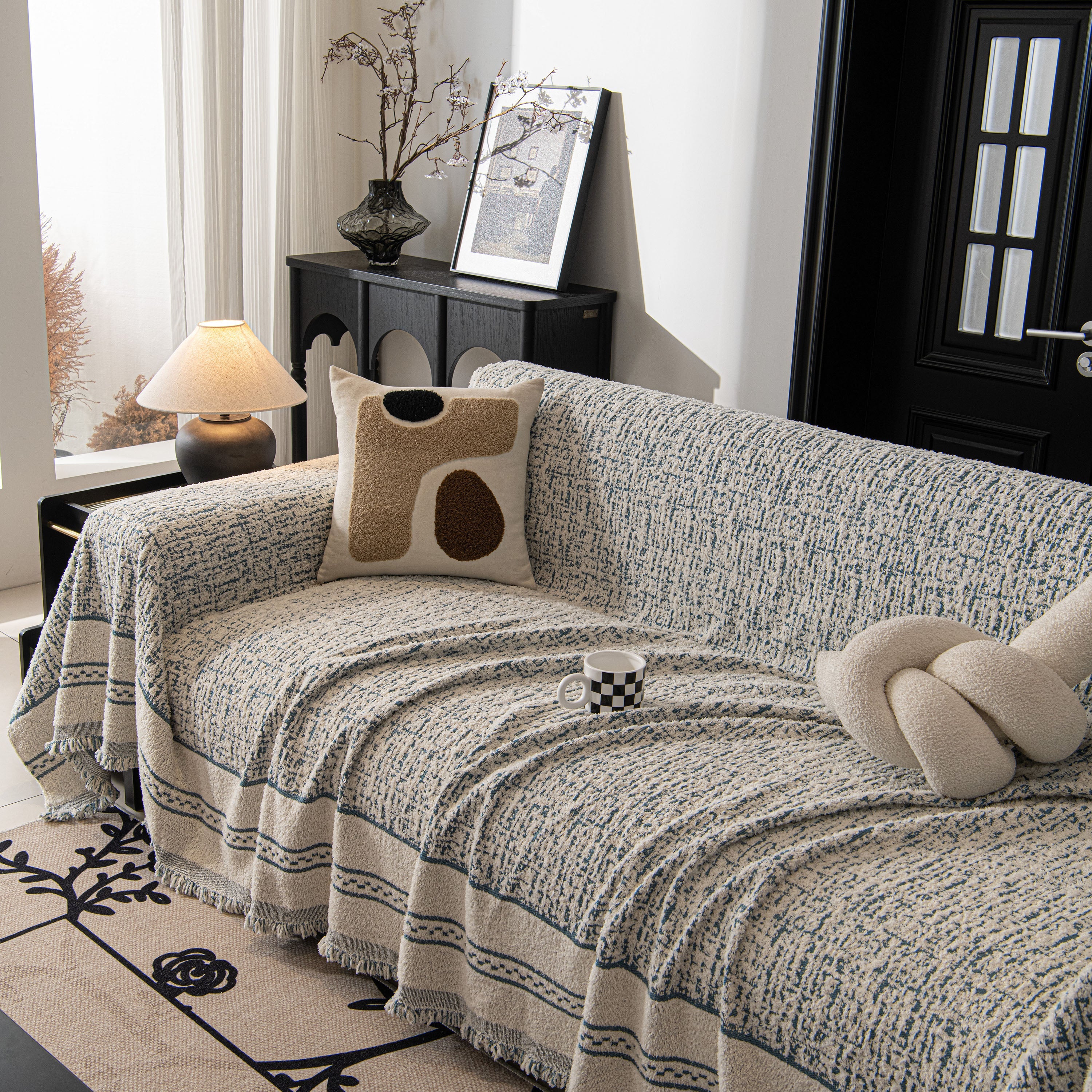 Textured Woven Furniture Protector For Couch, Rustic Farmhouse Sofa Throw Blanket