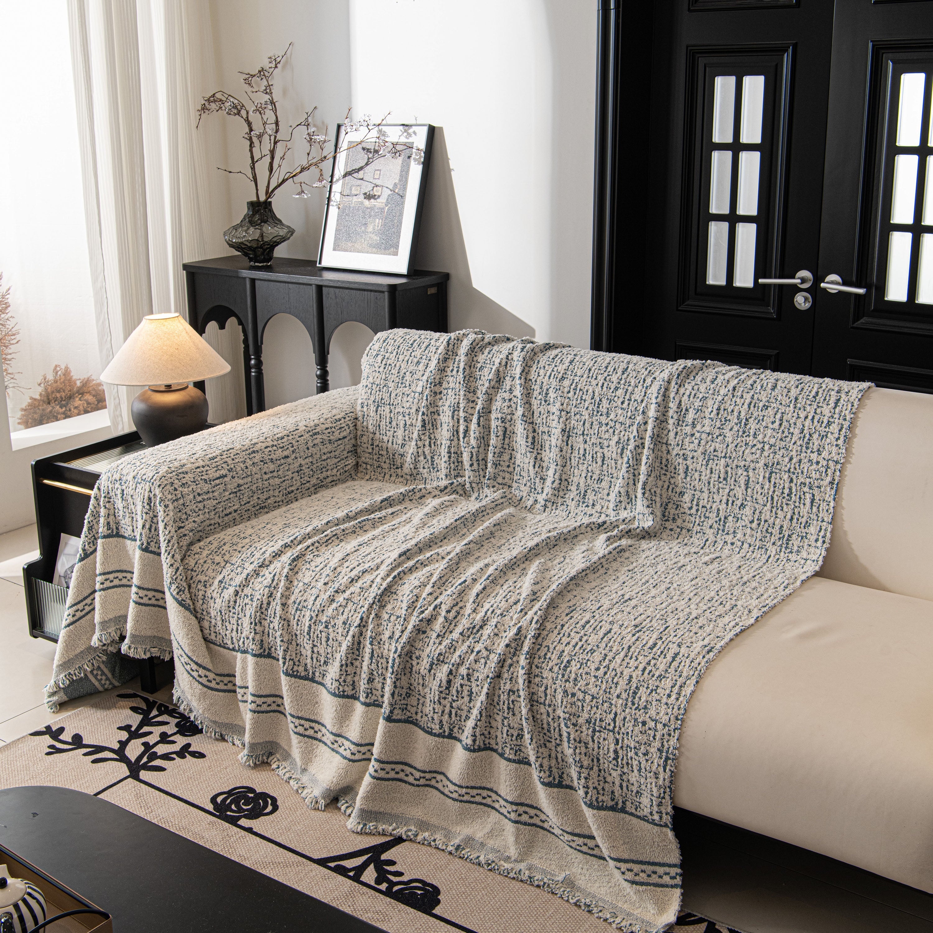 Textured Woven Furniture Protector For Couch, Rustic Farmhouse Sofa Throw Blanket