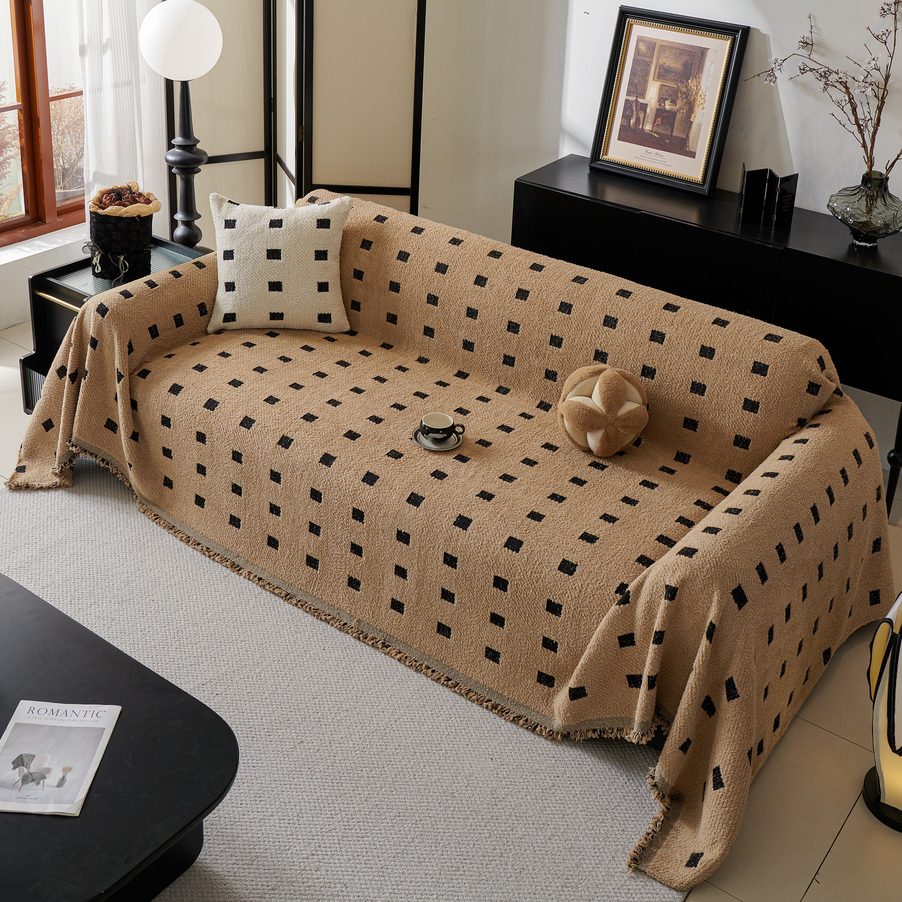 Sofa Throw Blanket With Woven Geometric Pattern & Tassels, Soft & Thick Couch Cover