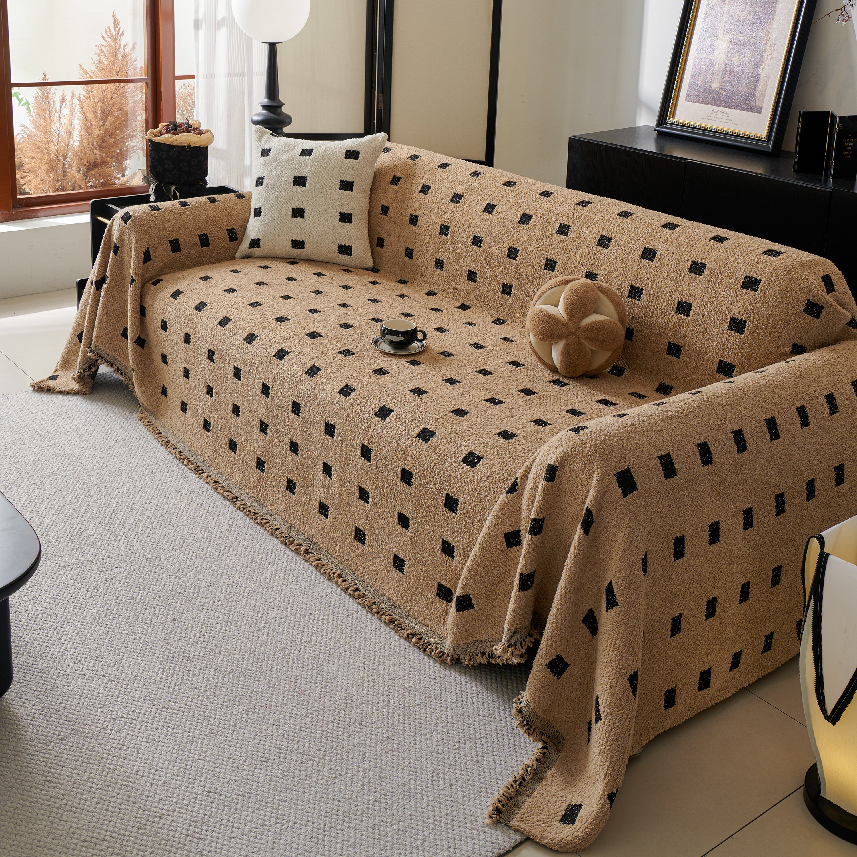 Sofa Throw Blanket With Woven Geometric Pattern & Tassels, Soft & Thick Couch Cover