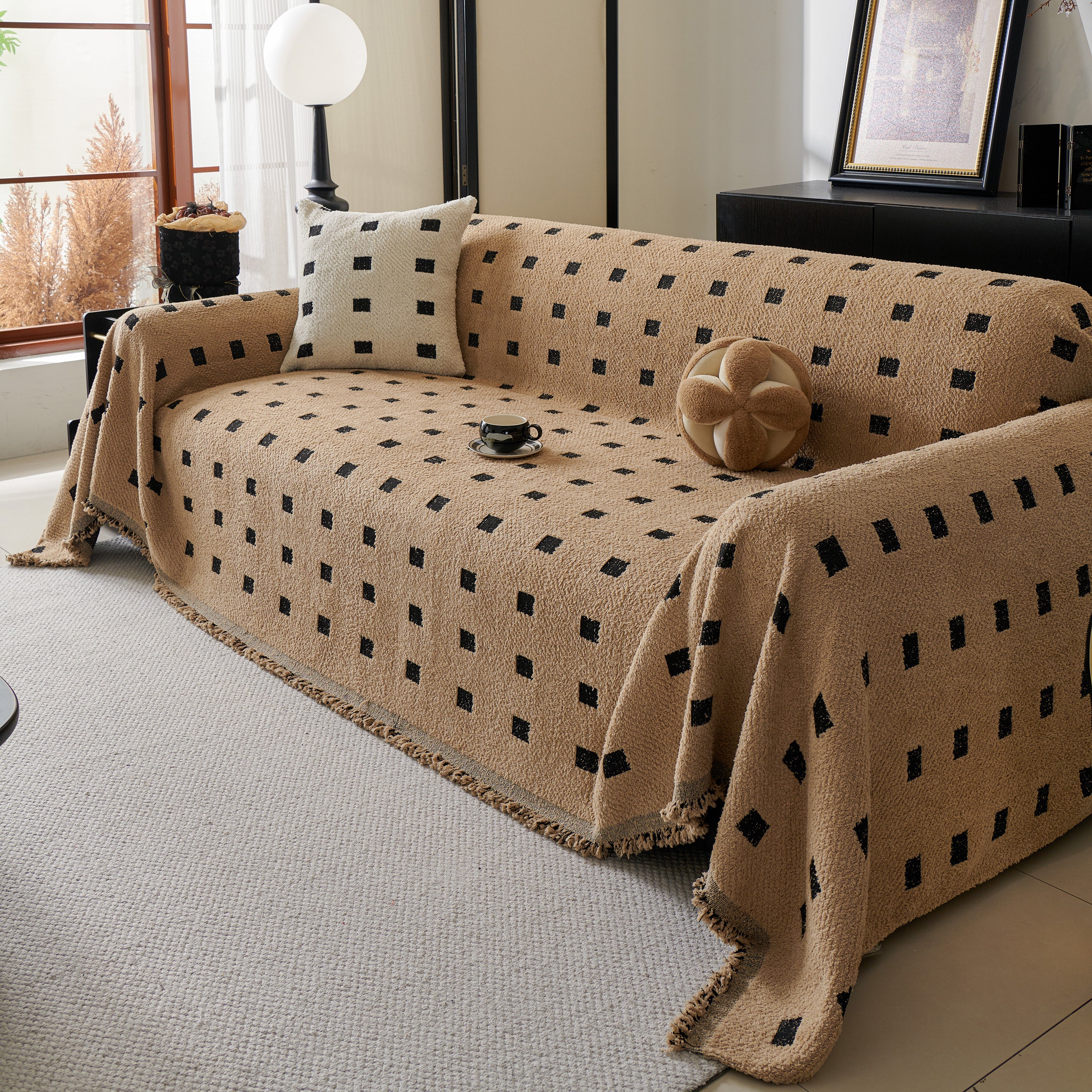 Sofa Throw Blanket With Woven Geometric Pattern & Tassels, Soft & Thick Couch Cover