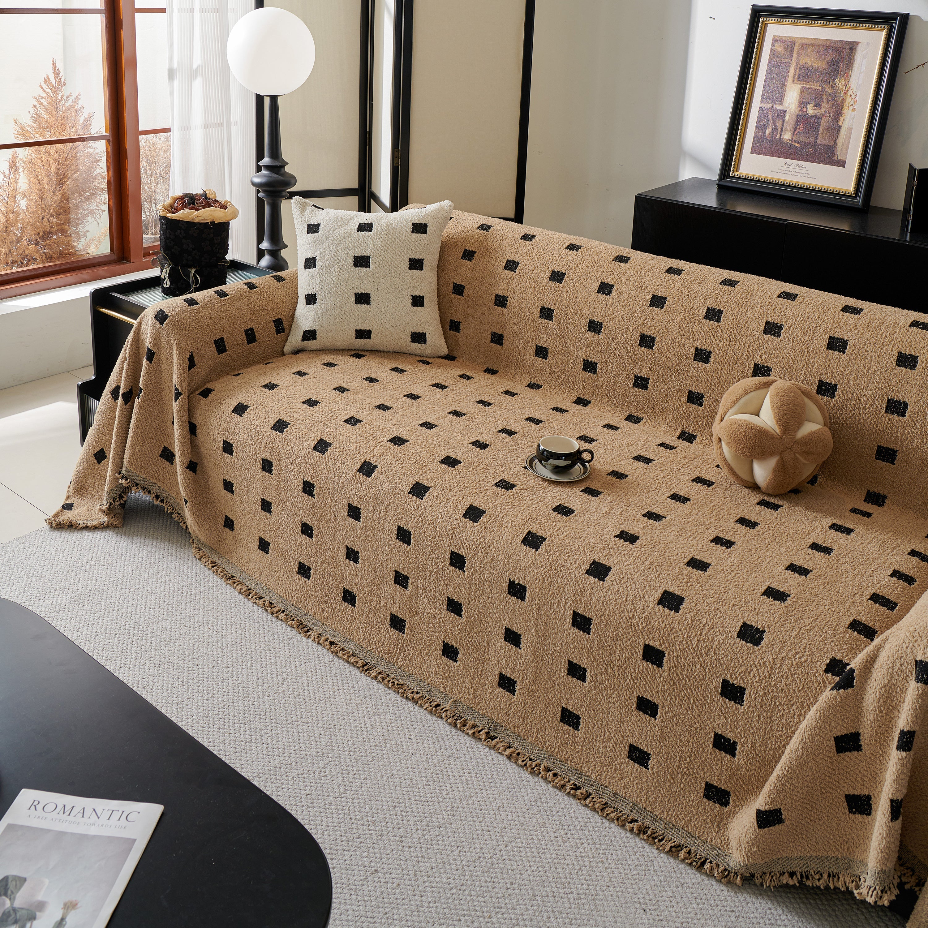 Sofa Throw Blanket With Woven Geometric Pattern & Tassels, Soft & Thick Couch Cover