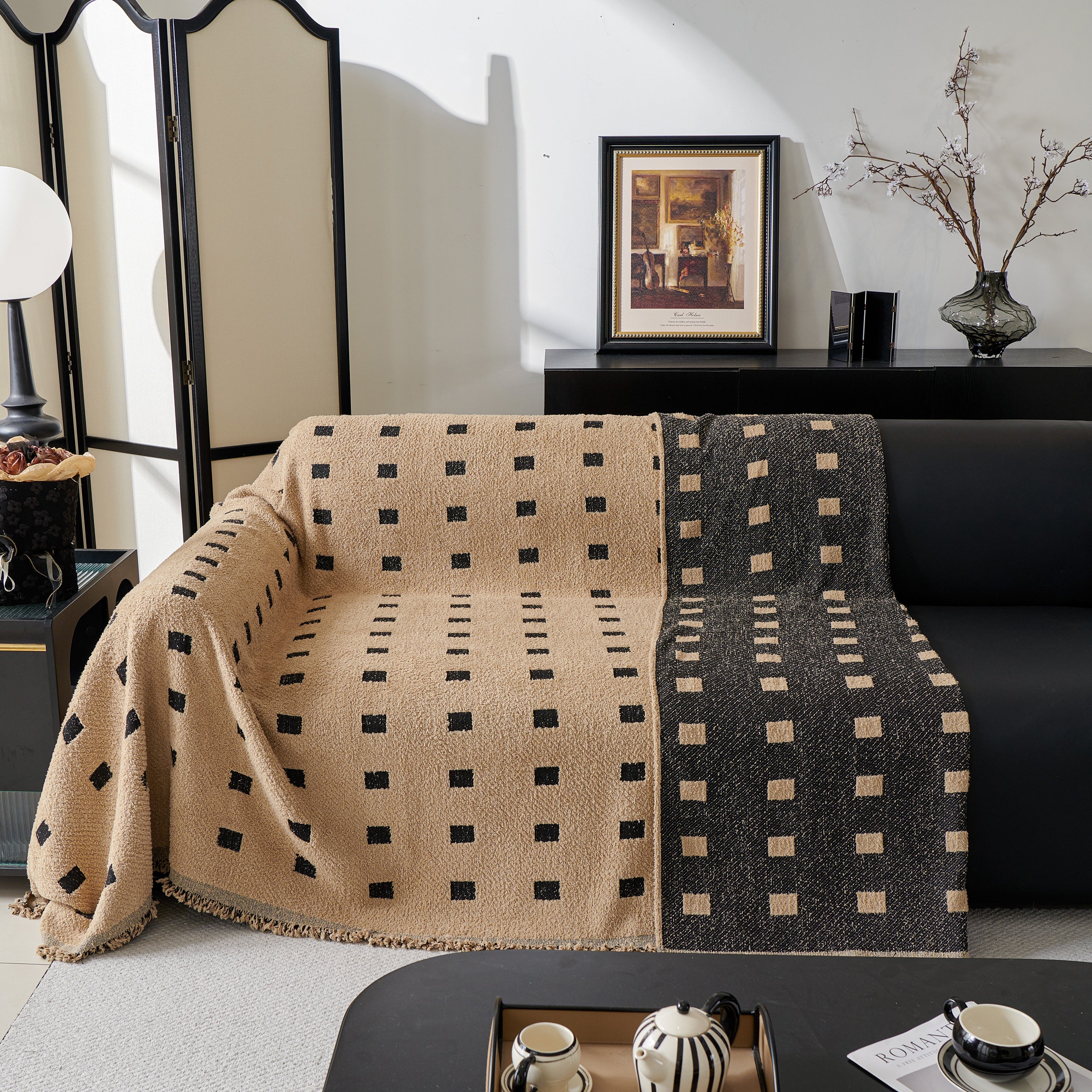 Sofa Throw Blanket With Woven Geometric Pattern & Tassels, Soft & Thick Couch Cover