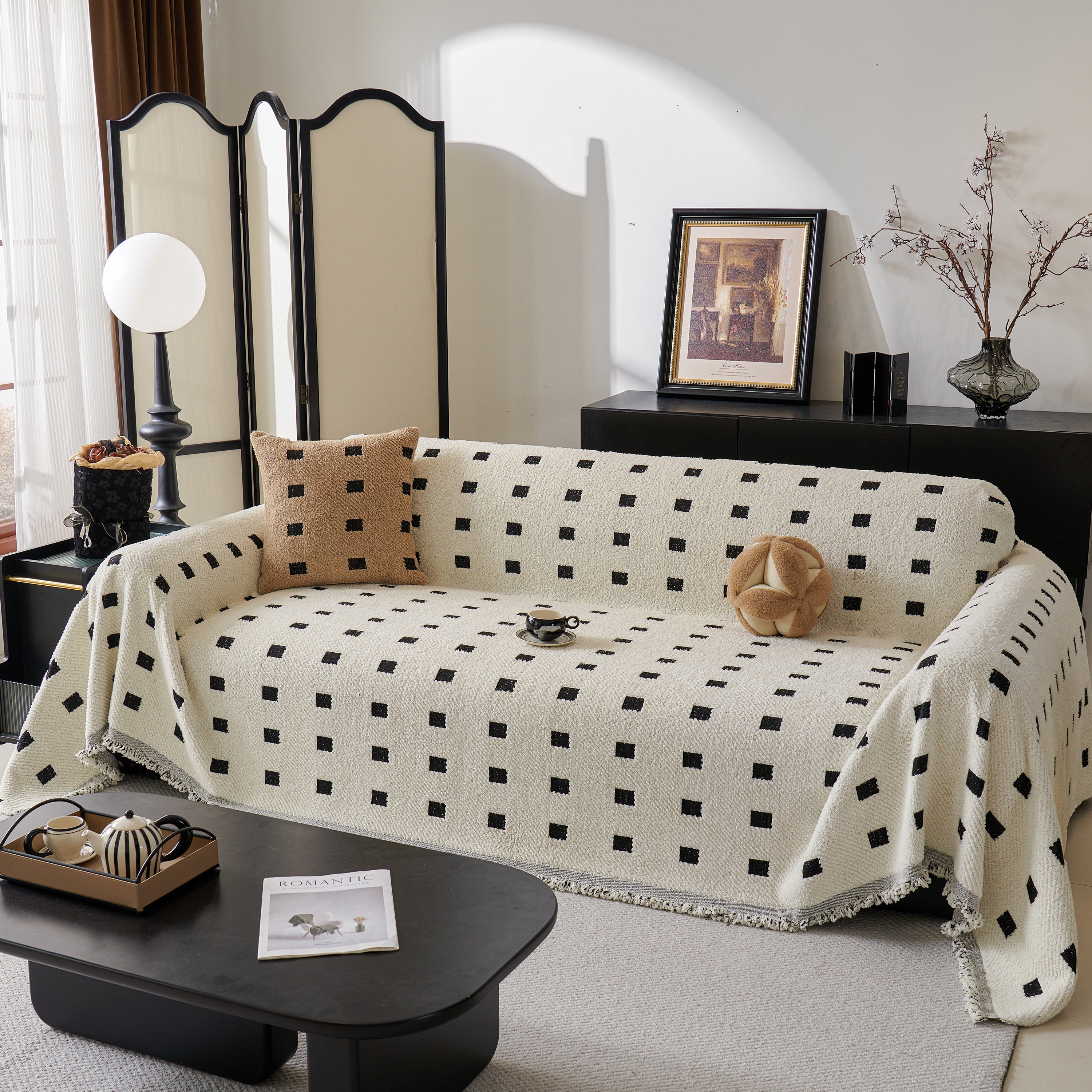 Sofa Throw Blanket With Woven Geometric Pattern & Tassels, Soft & Thick Couch Cover
