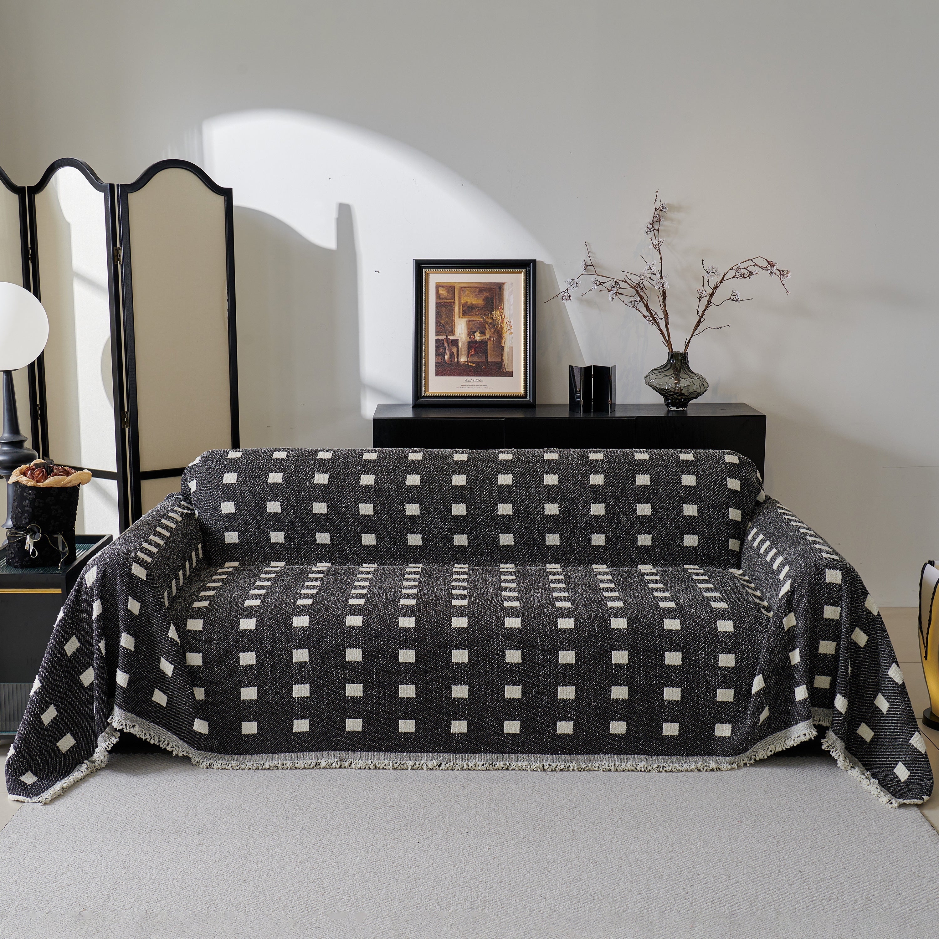 Sofa Throw Blanket With Woven Geometric Pattern & Tassels, Soft & Thick Couch Cover