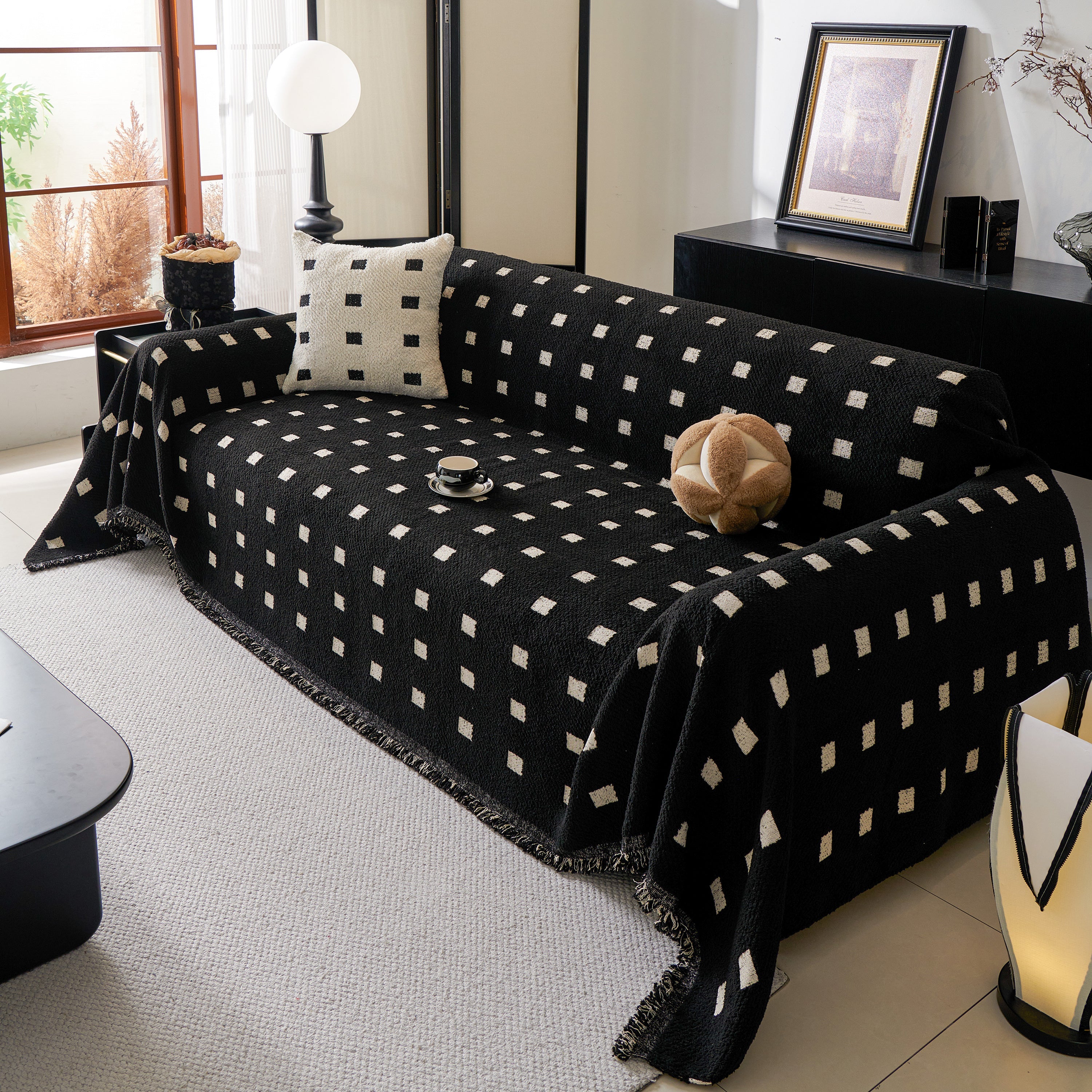 Sofa Throw Blanket With Woven Geometric Pattern & Tassels, Soft & Thick Couch Cover