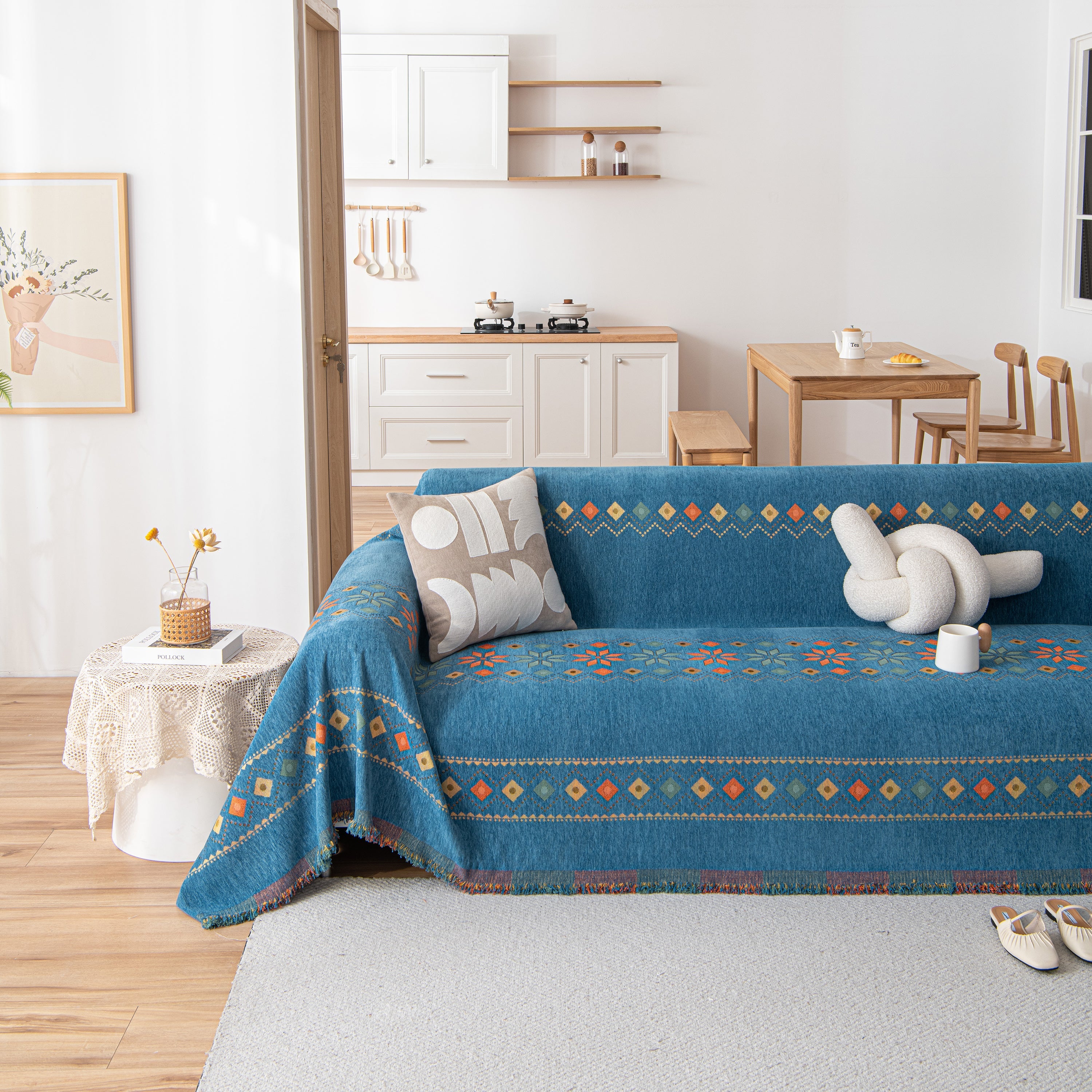 Bohemian Geometric Sofa Throw Cover, Cozy & Protective Ethnic-inspired Couch Cover