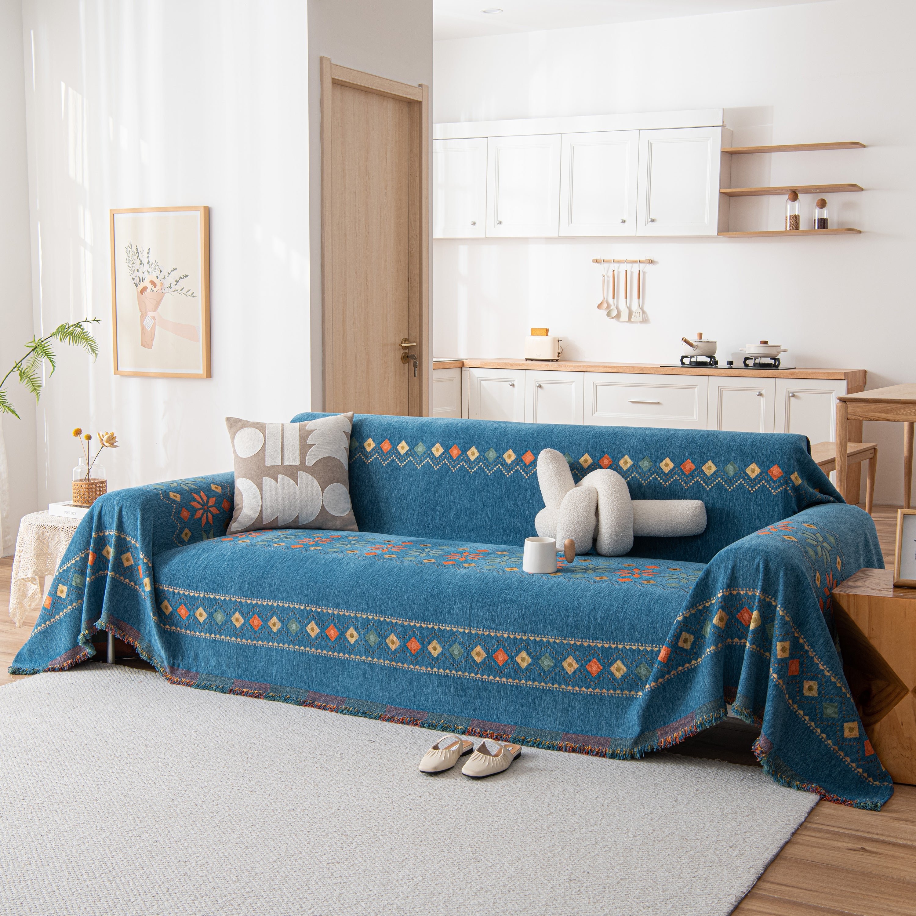 Bohemian Geometric Sofa Throw Cover, Cozy & Protective Ethnic-inspired Couch Cover