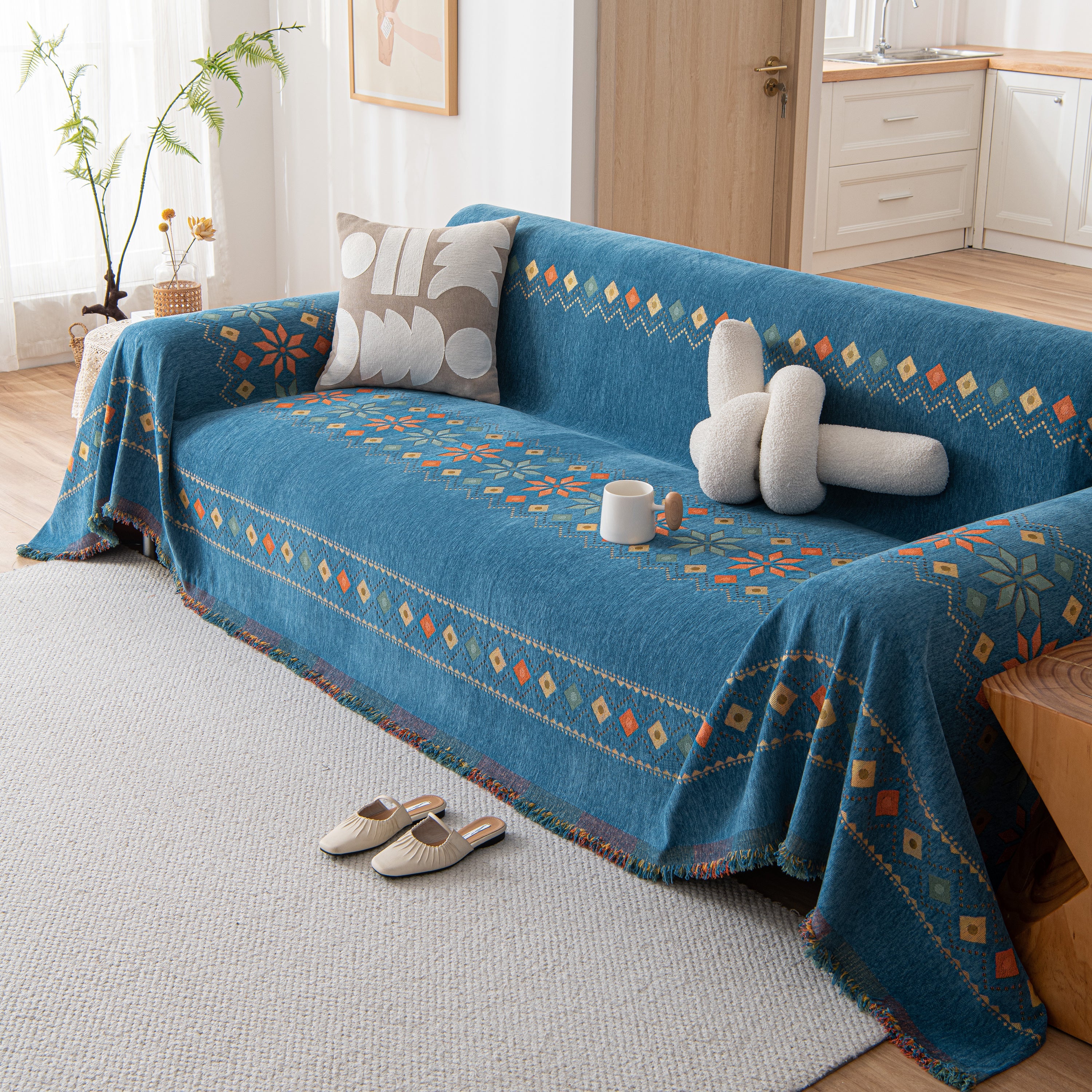 Bohemian Geometric Sofa Throw Cover, Cozy & Protective Ethnic-inspired Couch Cover