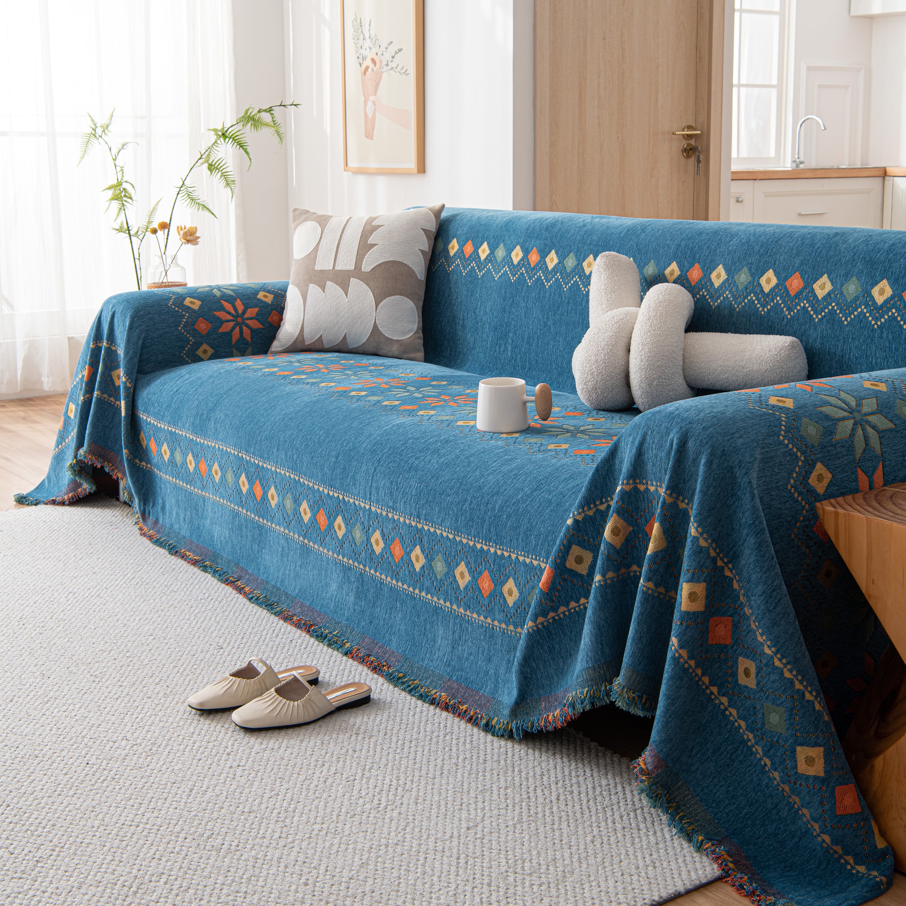 Bohemian Geometric Sofa Throw Cover, Cozy & Protective Ethnic-inspired Couch Cover
