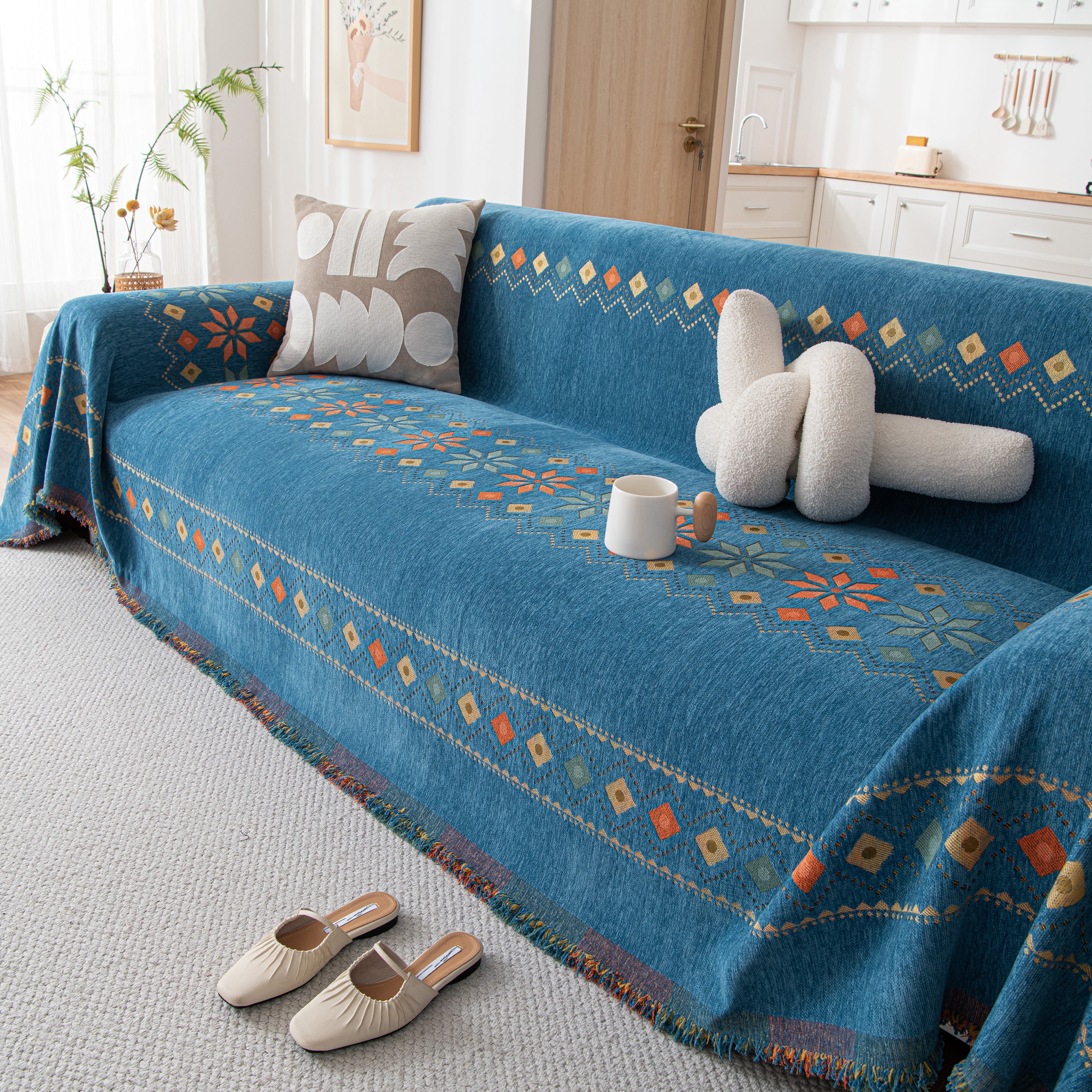 Bohemian Geometric Sofa Throw Cover, Cozy & Protective Ethnic-inspired Couch Cover