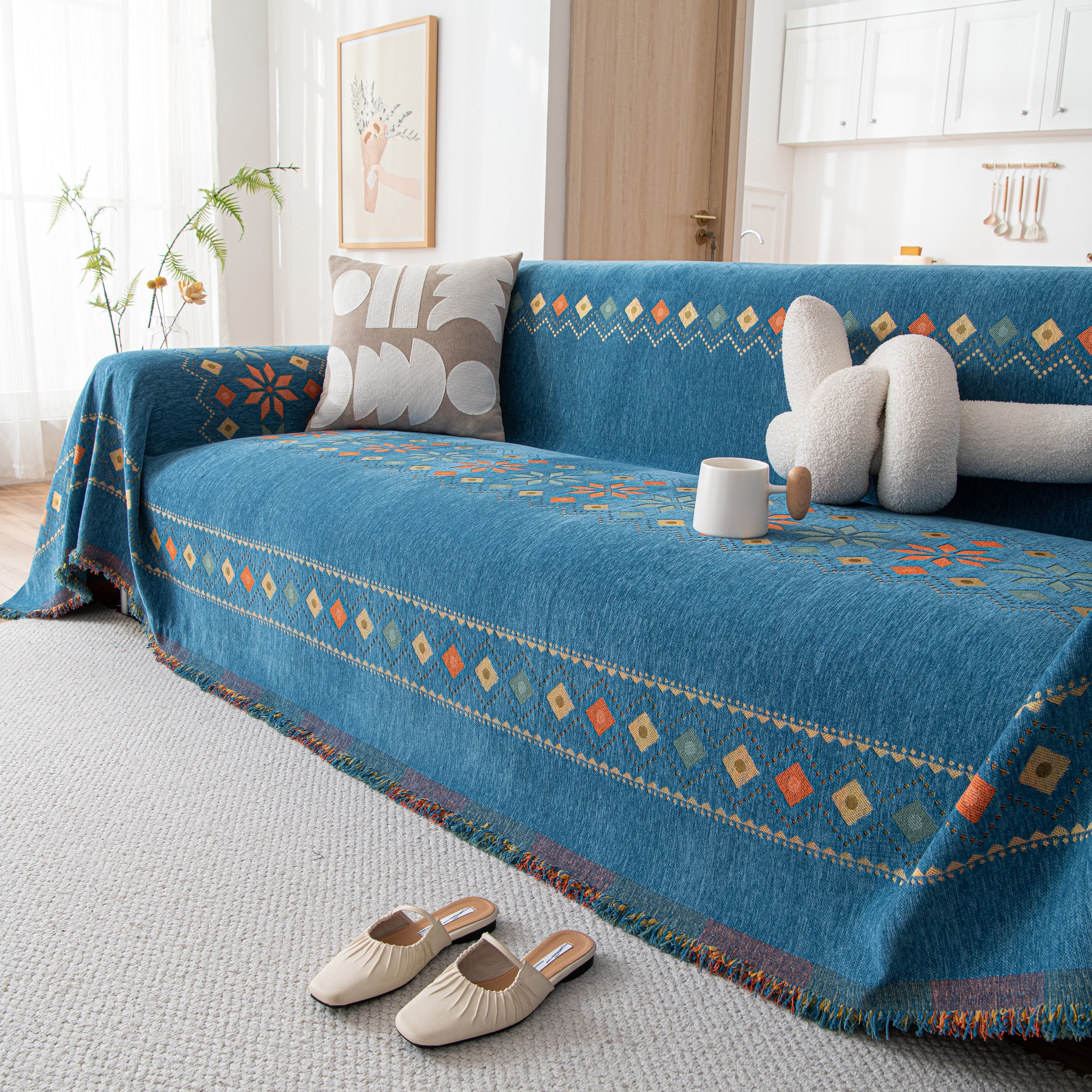 Bohemian Geometric Sofa Throw Cover, Cozy & Protective Ethnic-inspired Couch Cover