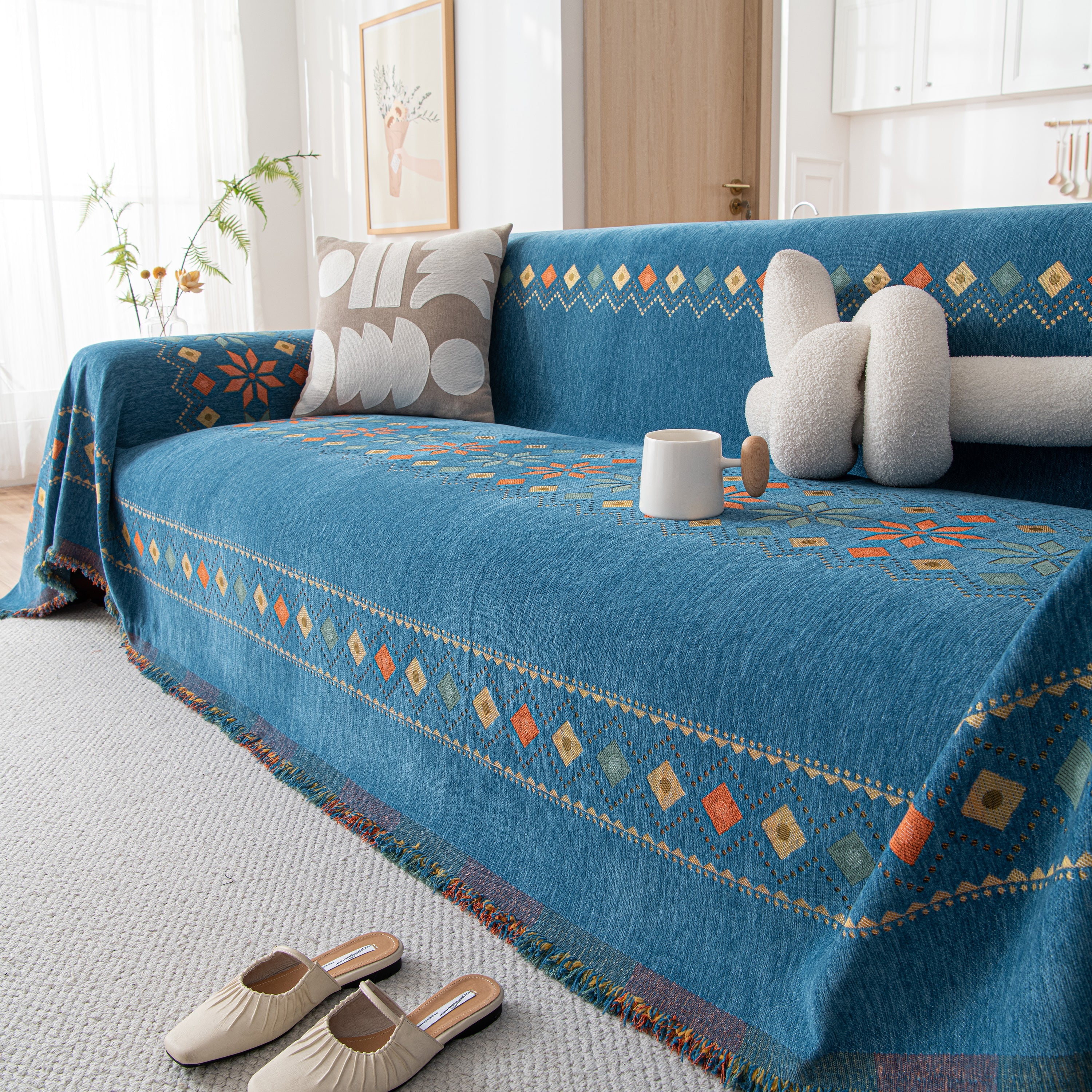 Bohemian Geometric Sofa Throw Cover, Cozy & Protective Ethnic-inspired Couch Cover