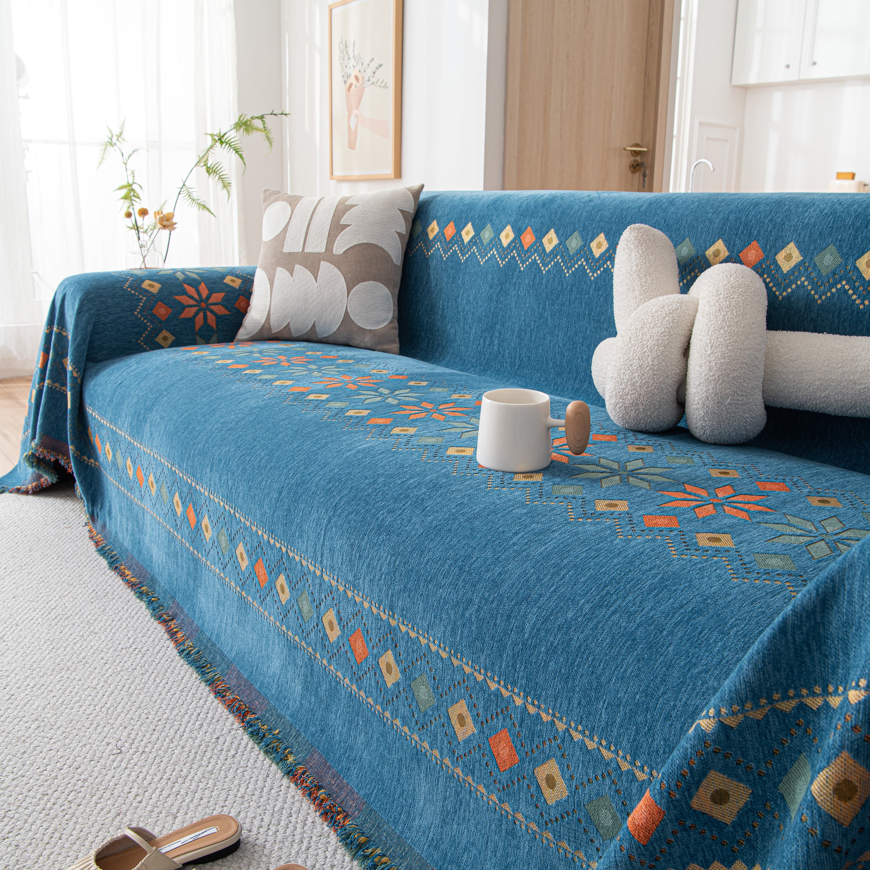 Bohemian Geometric Sofa Throw Cover, Cozy & Protective Ethnic-inspired Couch Cover