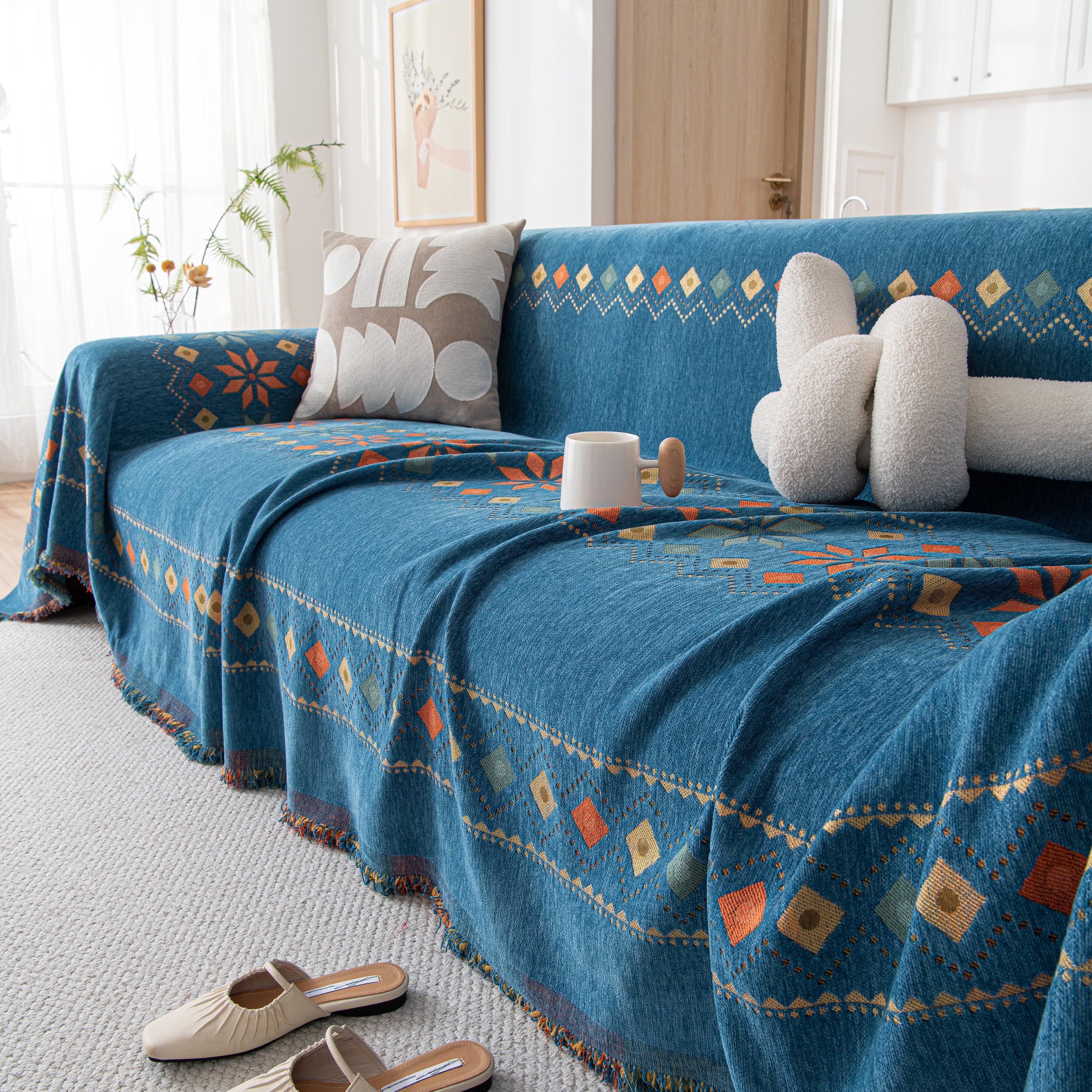 Bohemian Geometric Sofa Throw Cover, Cozy & Protective Ethnic-inspired Couch Cover