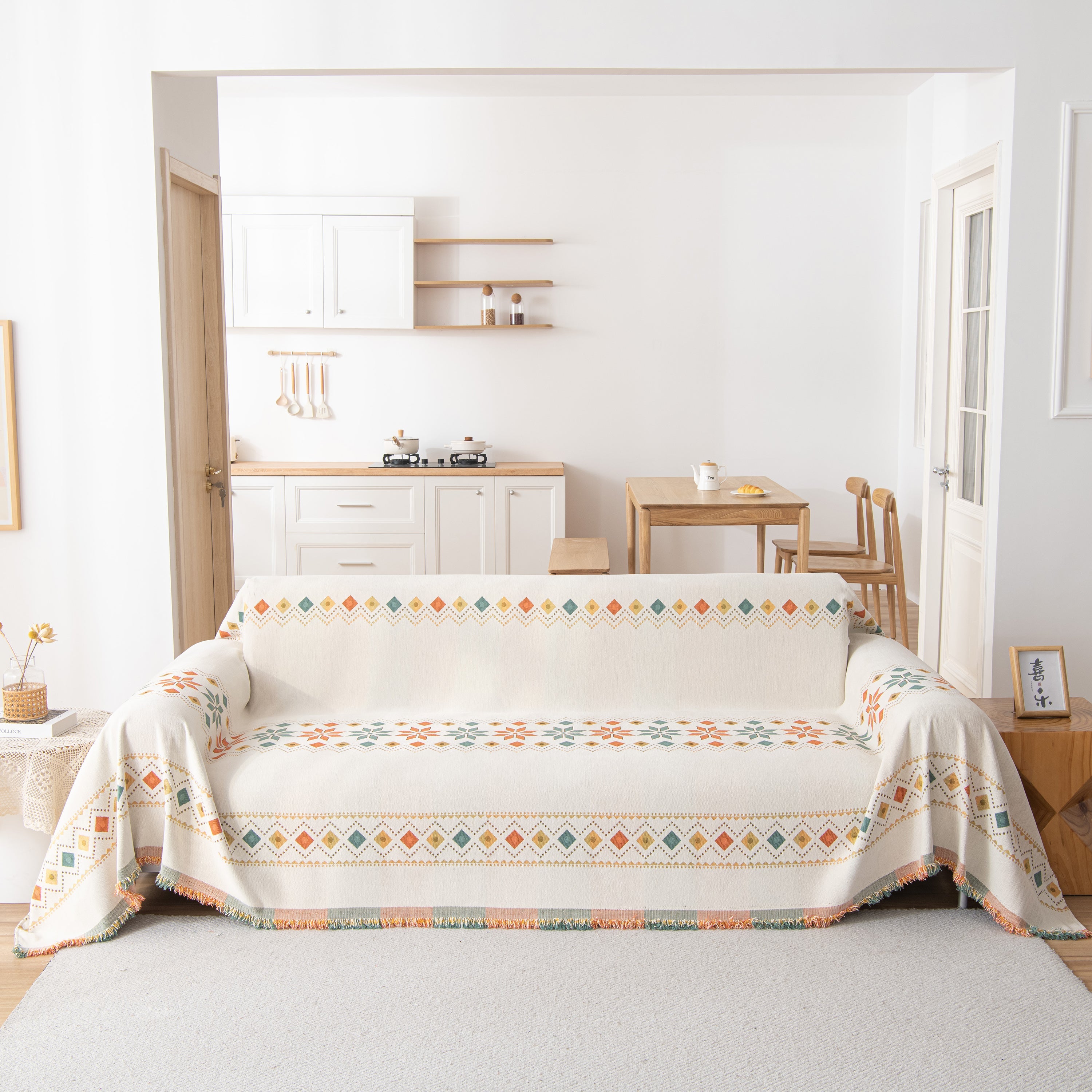 Bohemian Geometric Sofa Throw Cover, Cozy & Protective Ethnic-inspired Couch Cover
