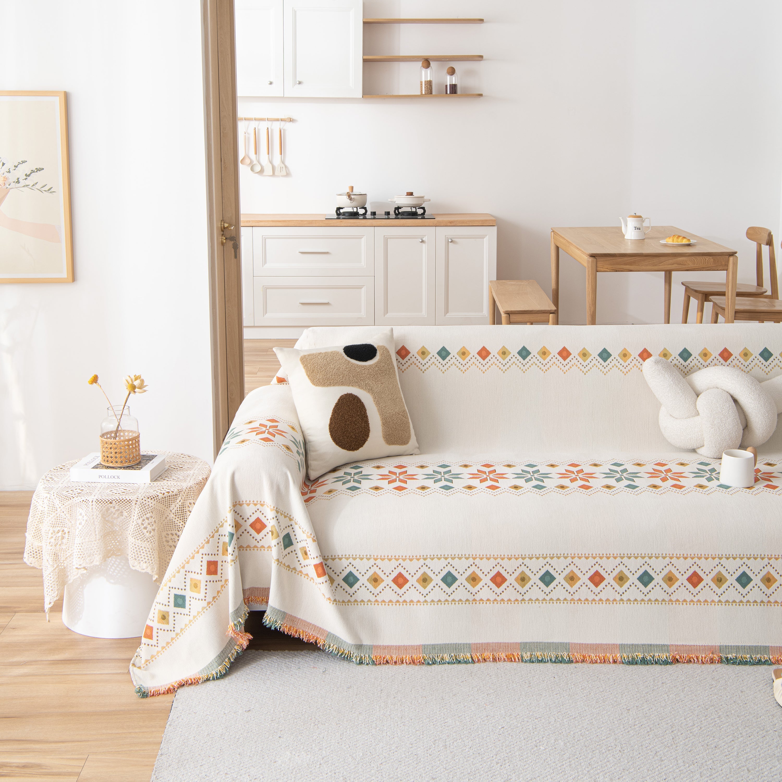 Bohemian Geometric Sofa Throw Cover, Cozy & Protective Ethnic-inspired Couch Cover