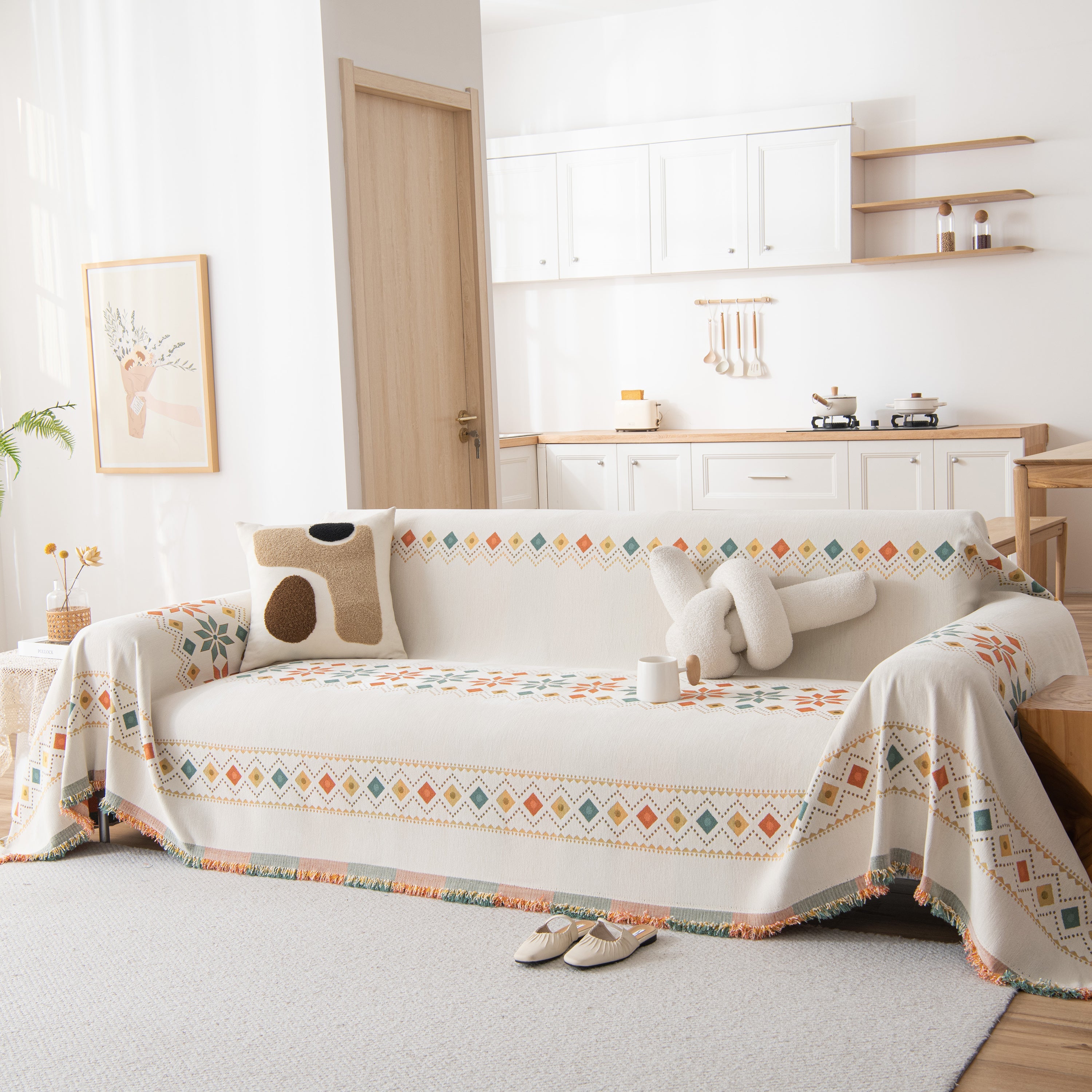 Bohemian Geometric Sofa Throw Cover, Cozy & Protective Ethnic-inspired Couch Cover
