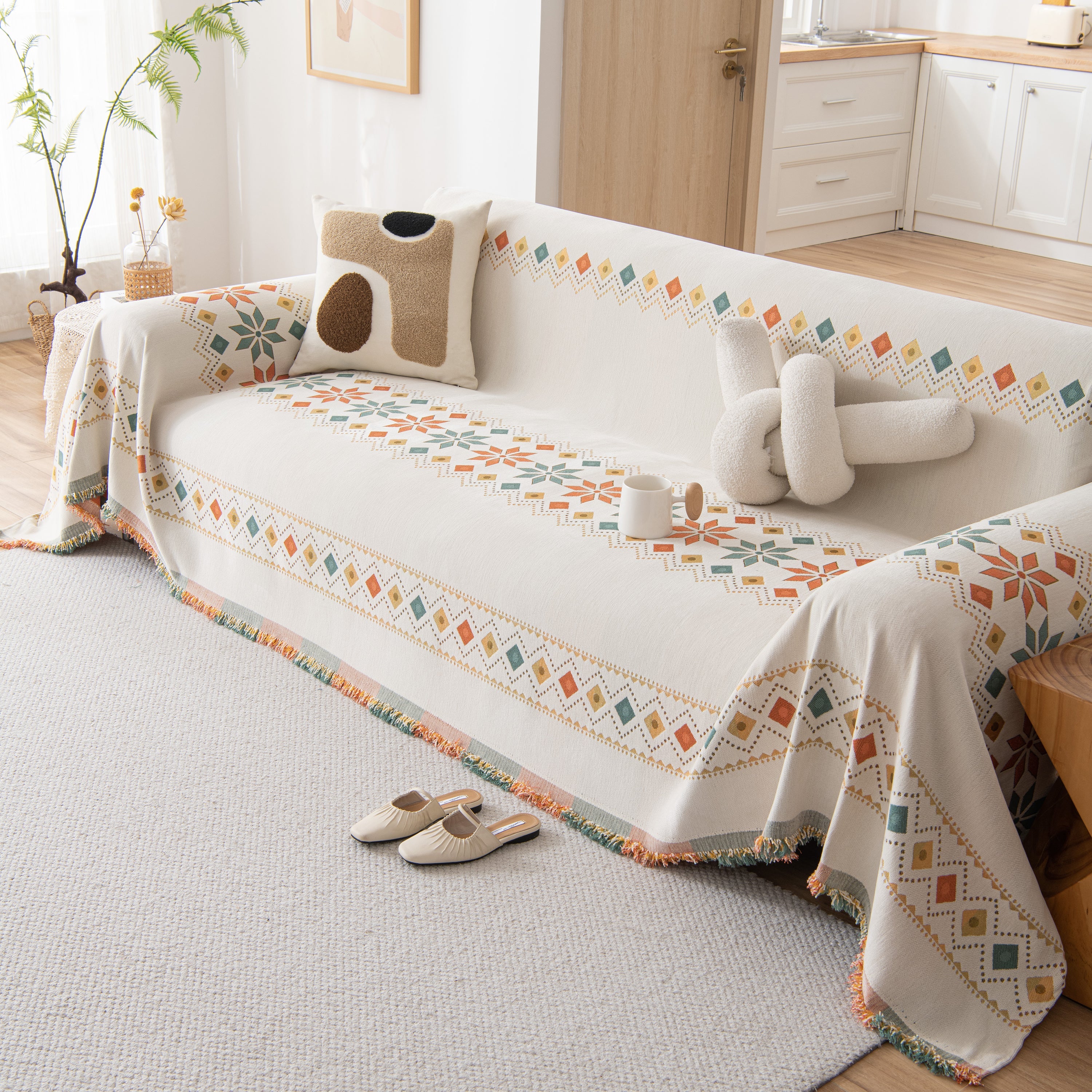 Bohemian Geometric Sofa Throw Cover, Cozy & Protective Ethnic-inspired Couch Cover