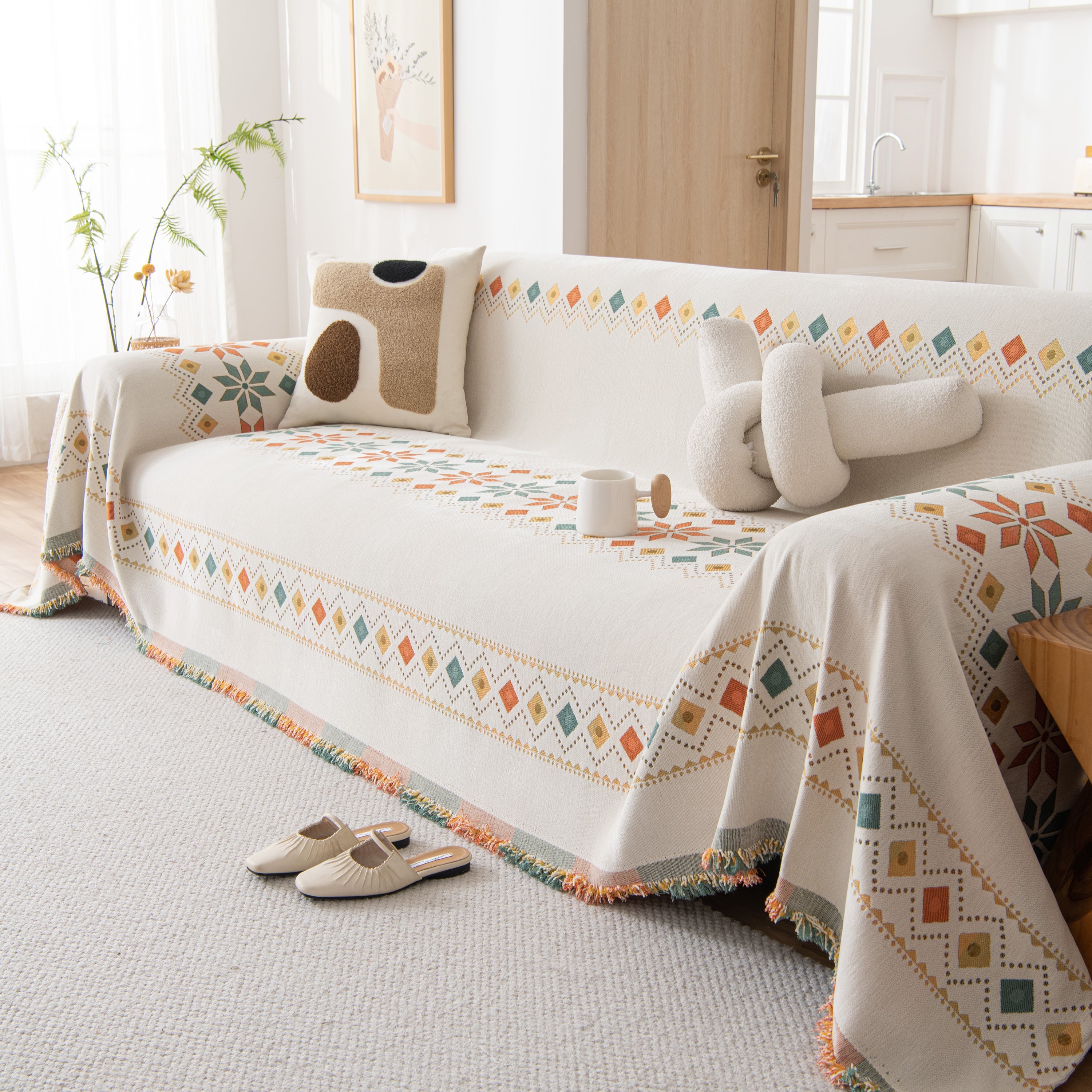 Bohemian Geometric Sofa Throw Cover, Cozy & Protective Ethnic-inspired Couch Cover