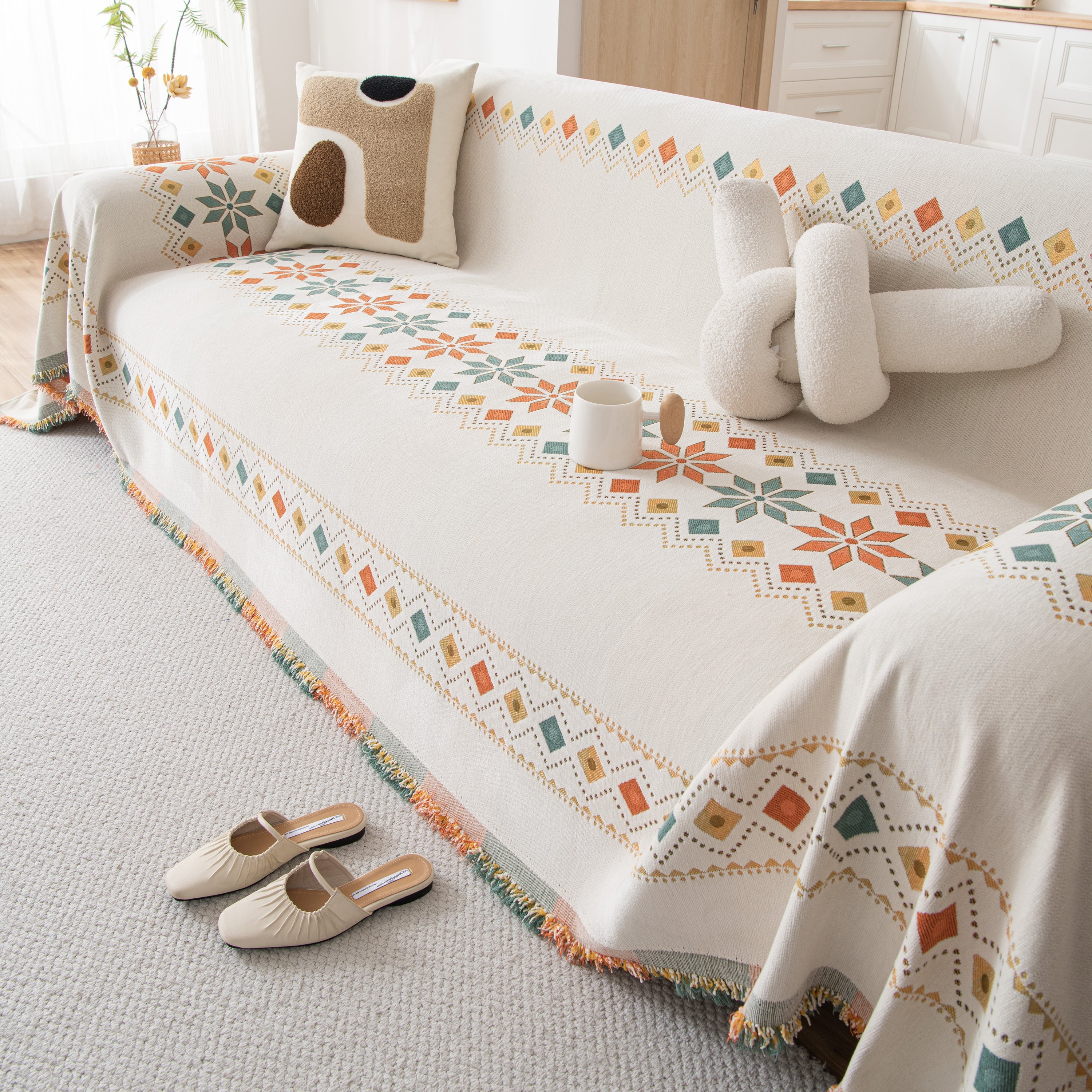 Bohemian Geometric Sofa Throw Cover, Cozy & Protective Ethnic-inspired Couch Cover