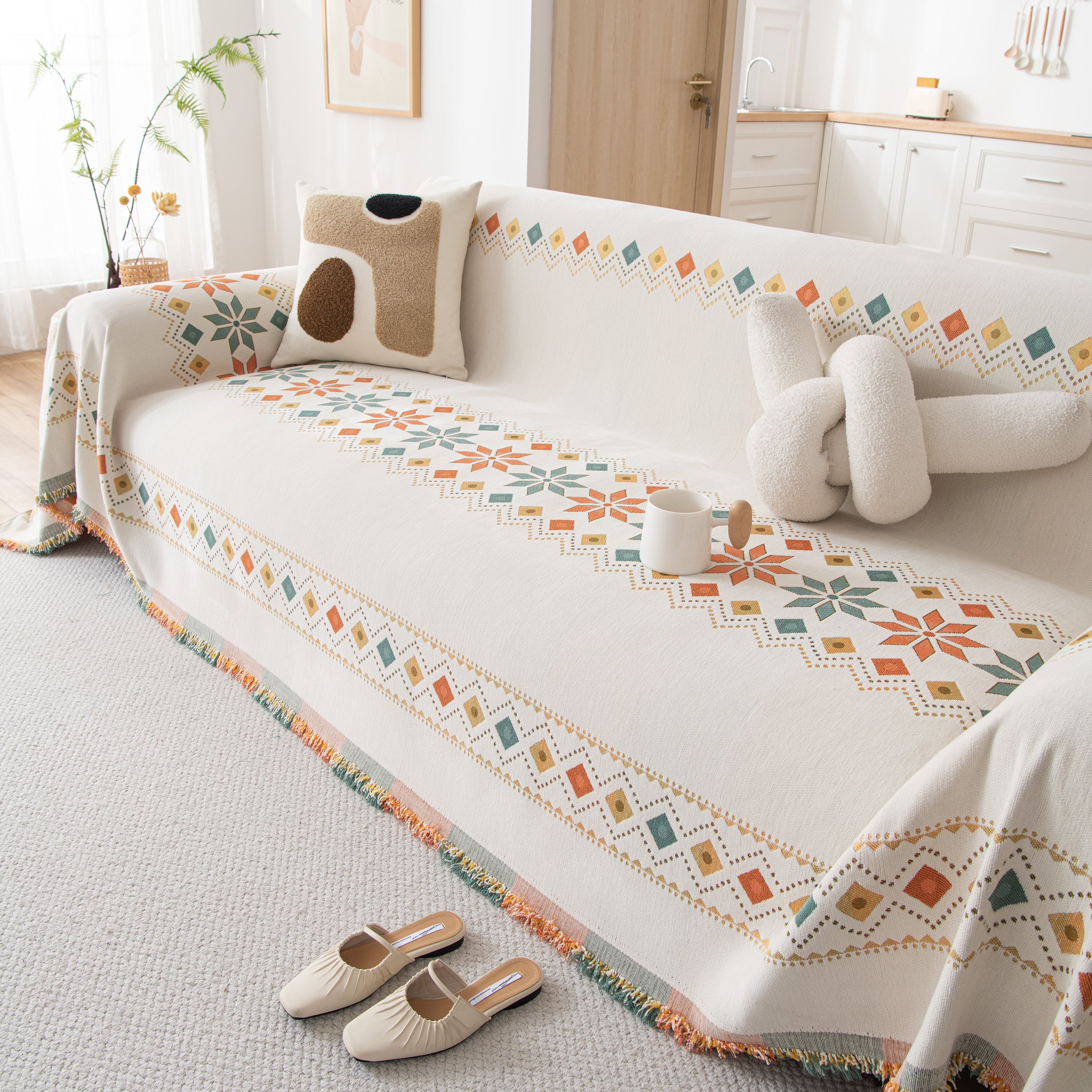 Bohemian Geometric Sofa Throw Cover, Cozy & Protective Ethnic-inspired Couch Cover