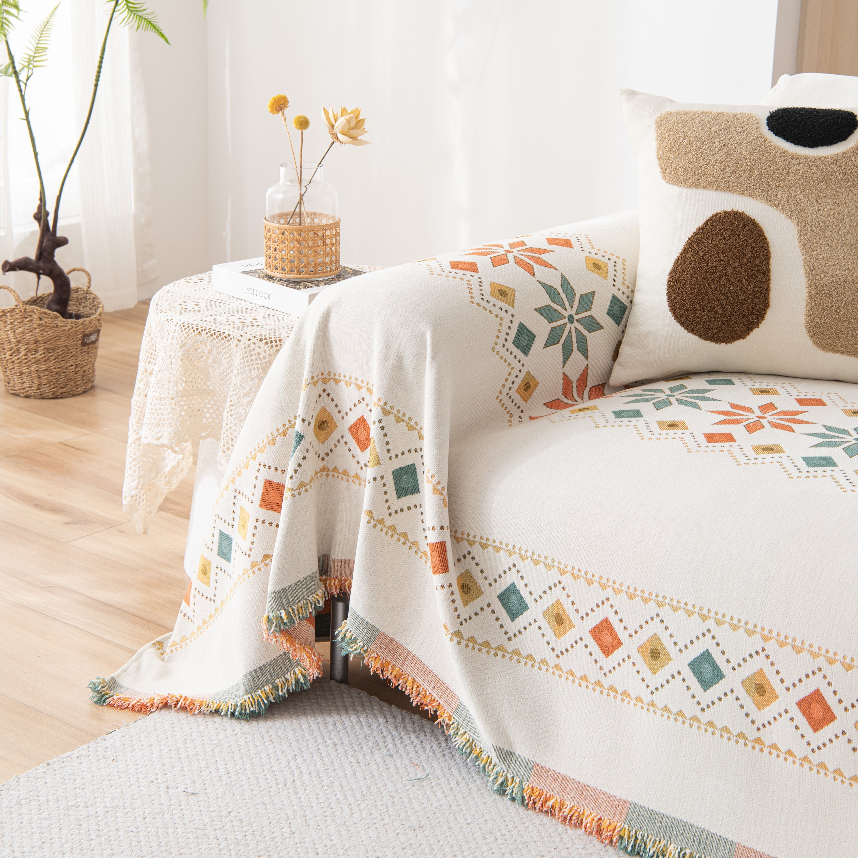 Bohemian Geometric Sofa Throw Cover, Cozy & Protective Ethnic-inspired Couch Cover