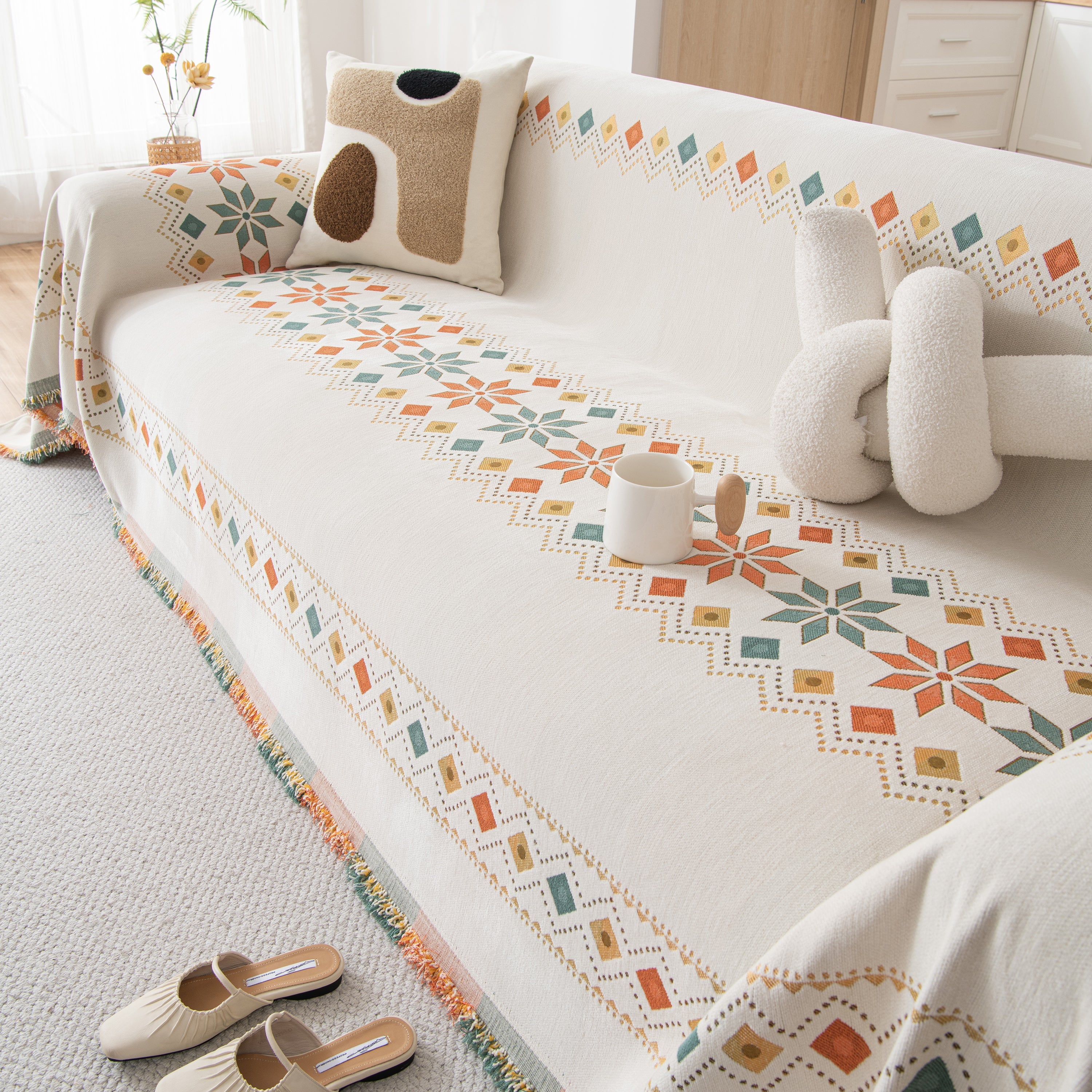 Bohemian Geometric Sofa Throw Cover, Cozy & Protective Ethnic-inspired Couch Cover