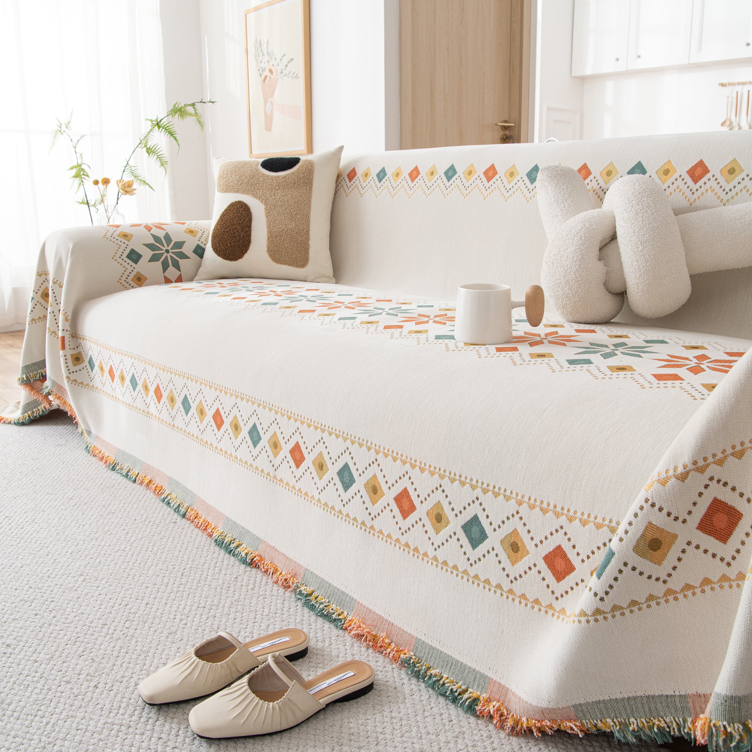 Bohemian Geometric Sofa Throw Cover, Cozy & Protective Ethnic-inspired Couch Cover