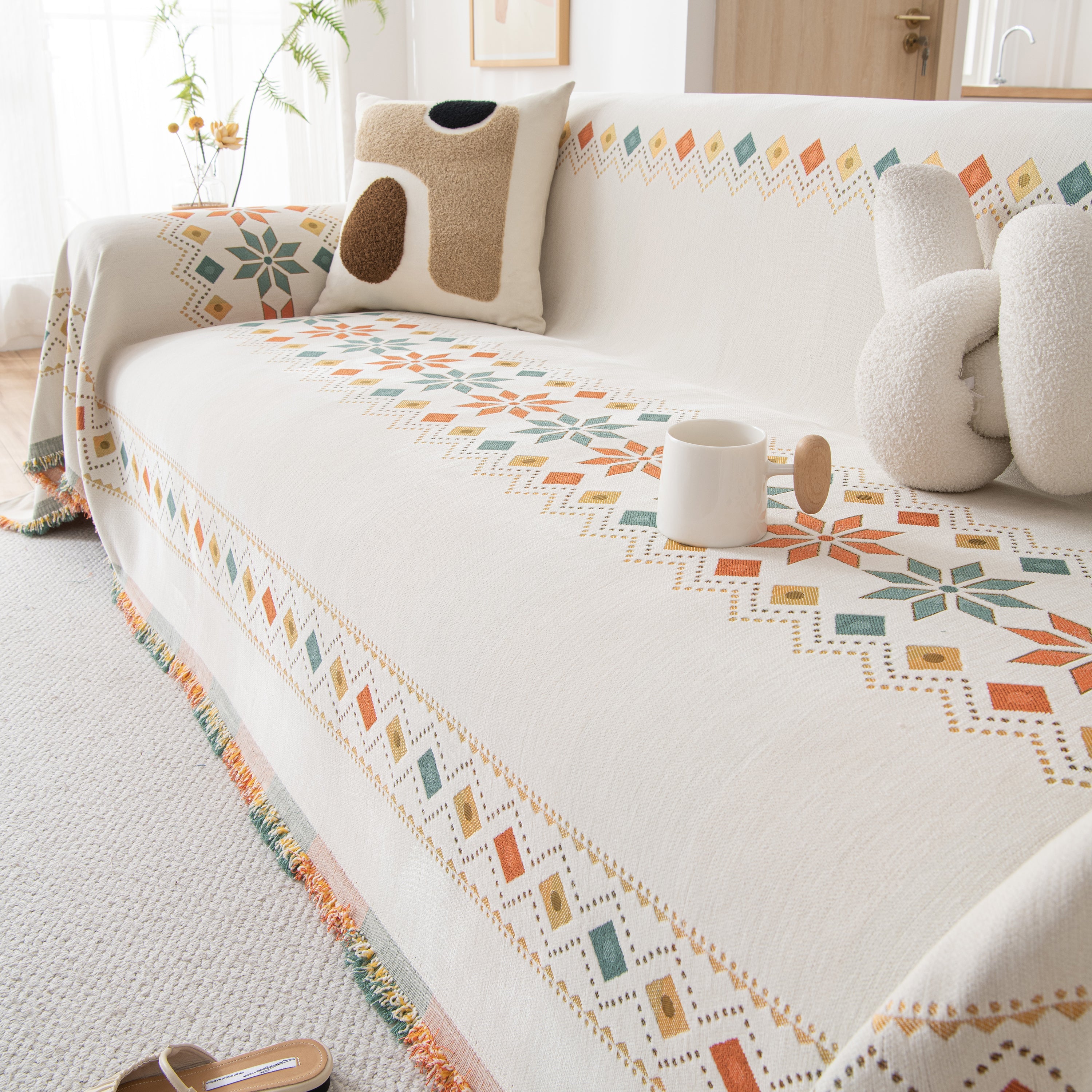 Bohemian Geometric Sofa Throw Cover, Cozy & Protective Ethnic-inspired Couch Cover