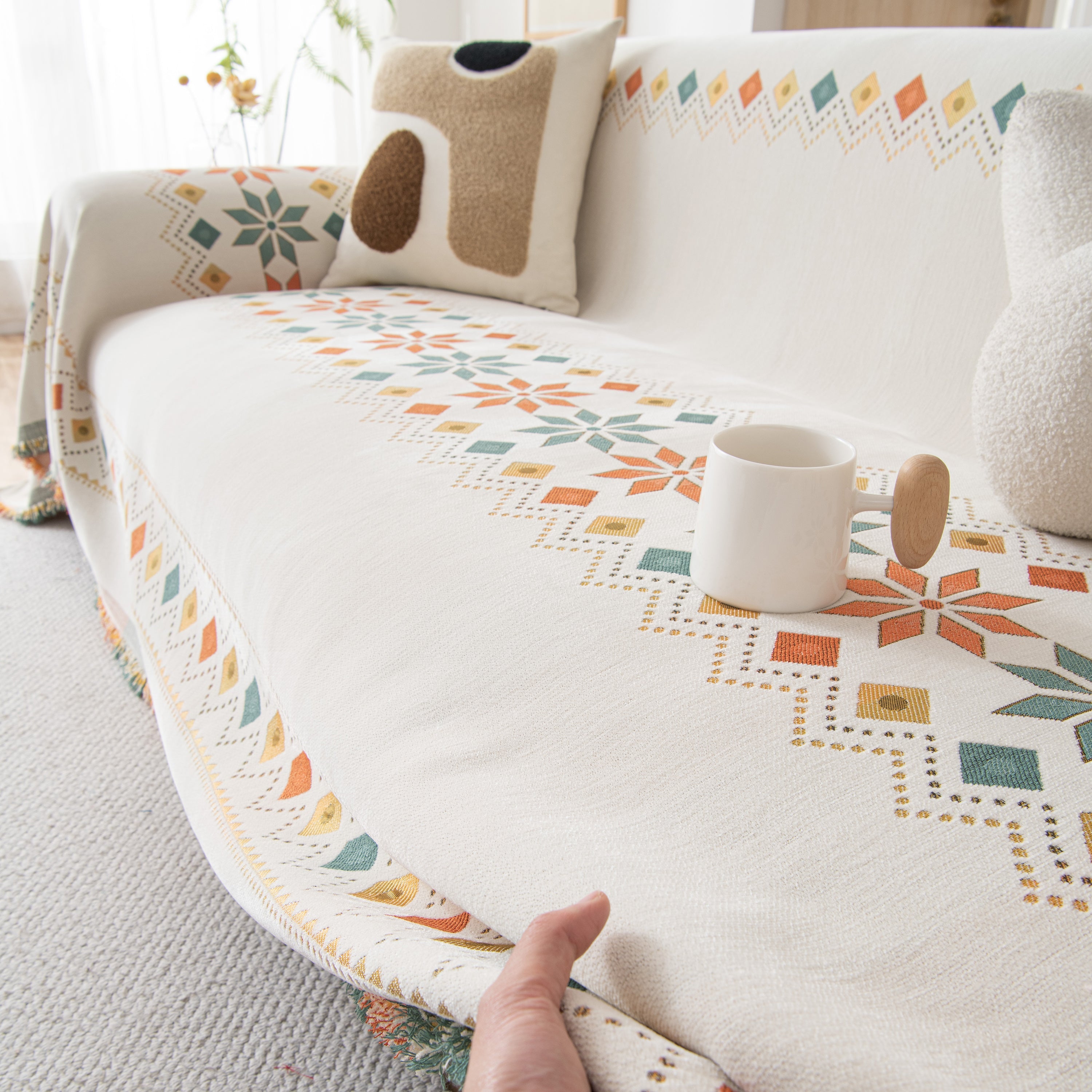 Bohemian Geometric Sofa Throw Cover, Cozy & Protective Ethnic-inspired Couch Cover