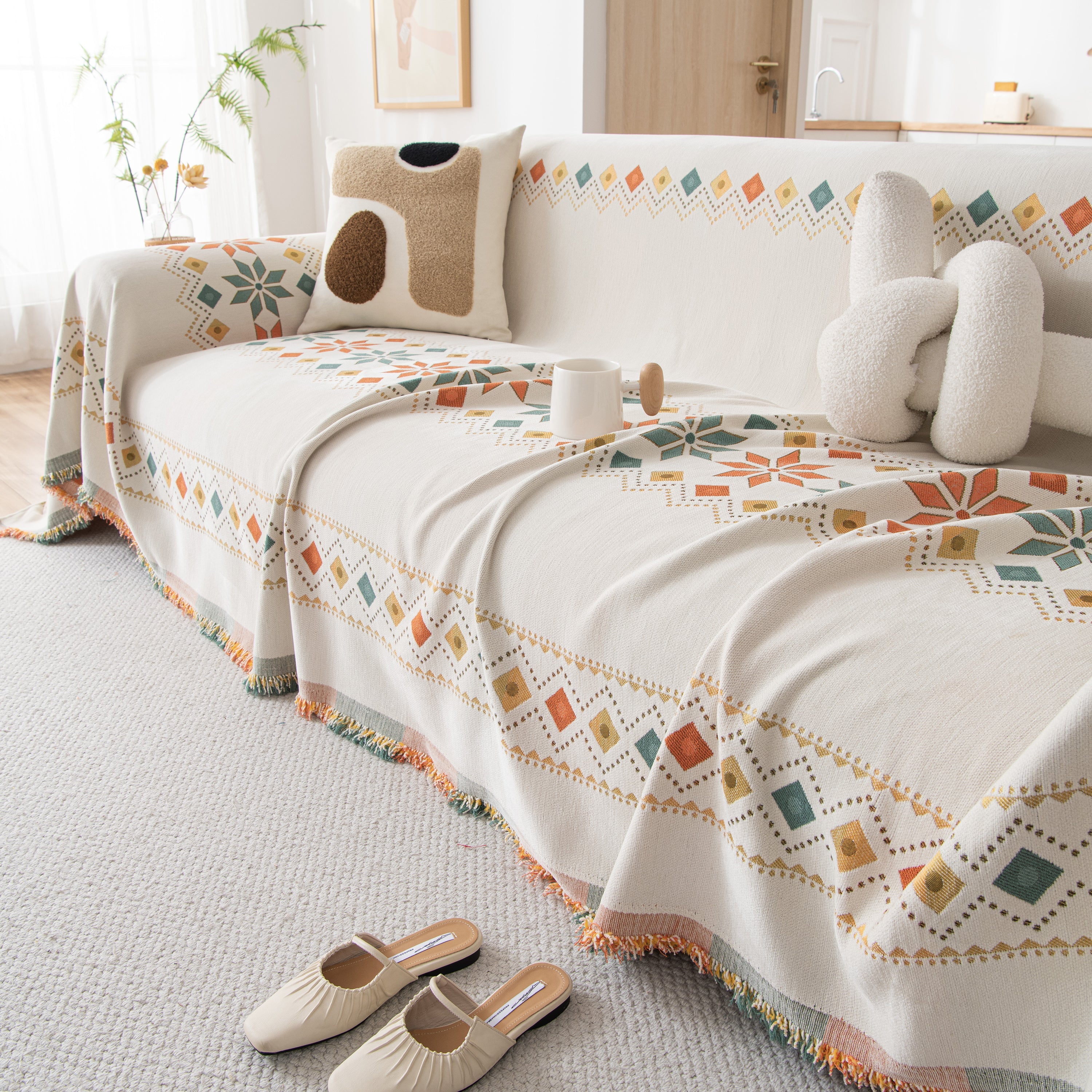 Bohemian Geometric Sofa Throw Cover, Cozy & Protective Ethnic-inspired Couch Cover