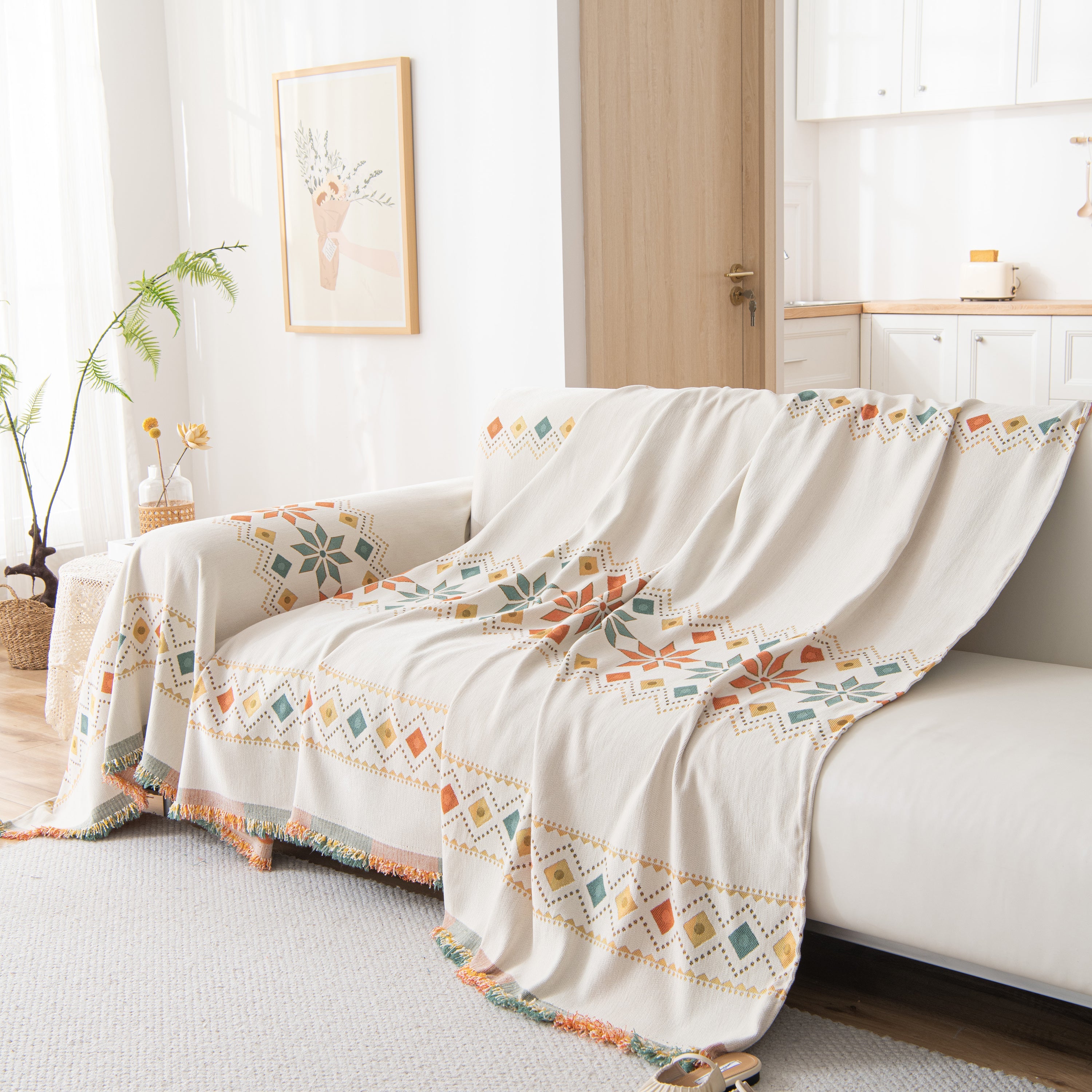Bohemian Geometric Sofa Throw Cover, Cozy & Protective Ethnic-inspired Couch Cover