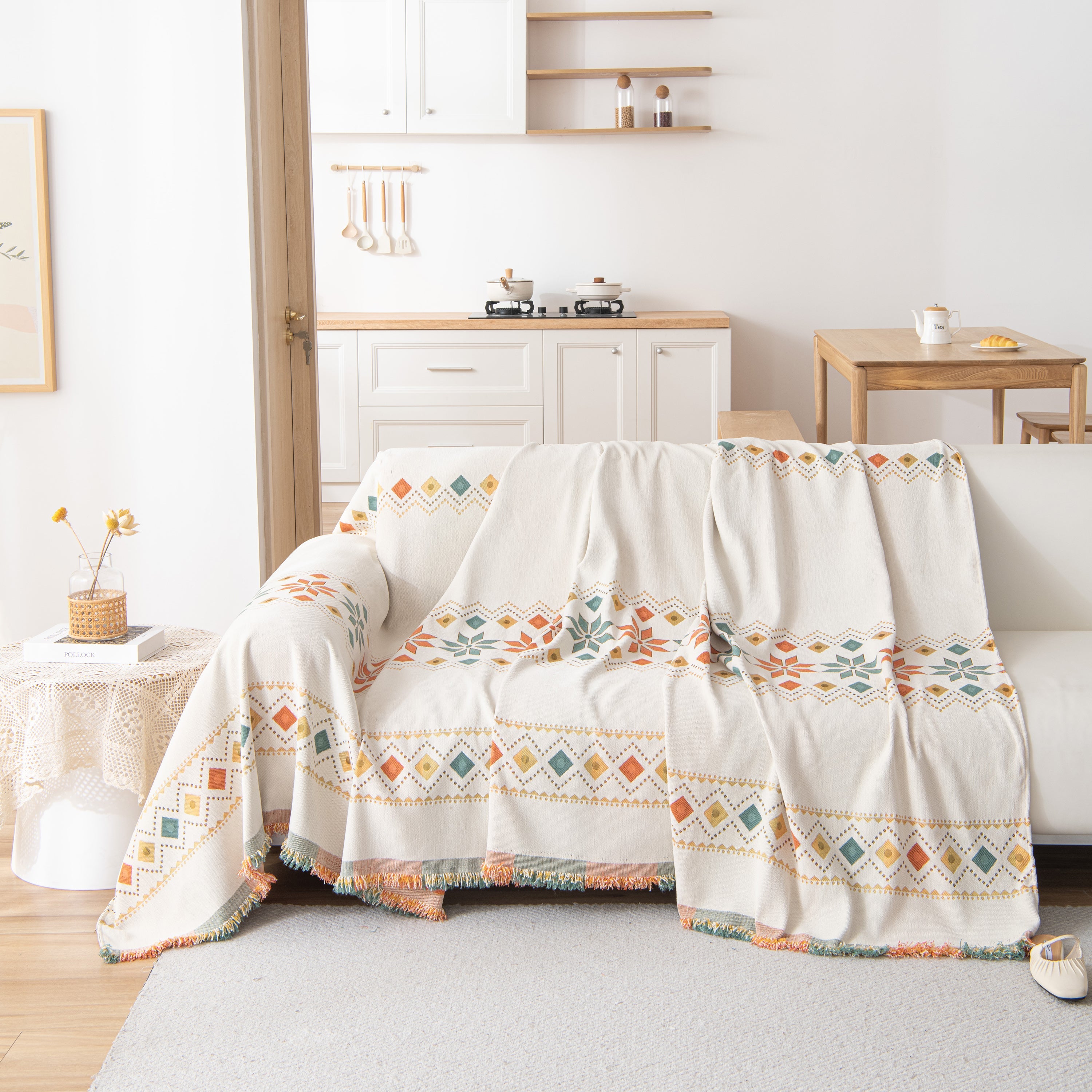 Bohemian Geometric Sofa Throw Cover, Cozy & Protective Ethnic-inspired Couch Cover